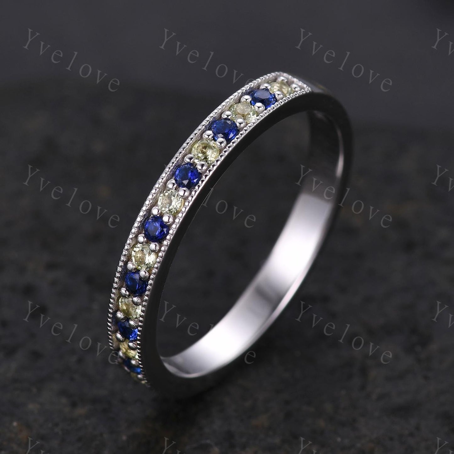 Peridot wedding band sapphire wedding ring 14k white gold half eternity ring milgrain style birthstone ring anniversary gift handmade gift