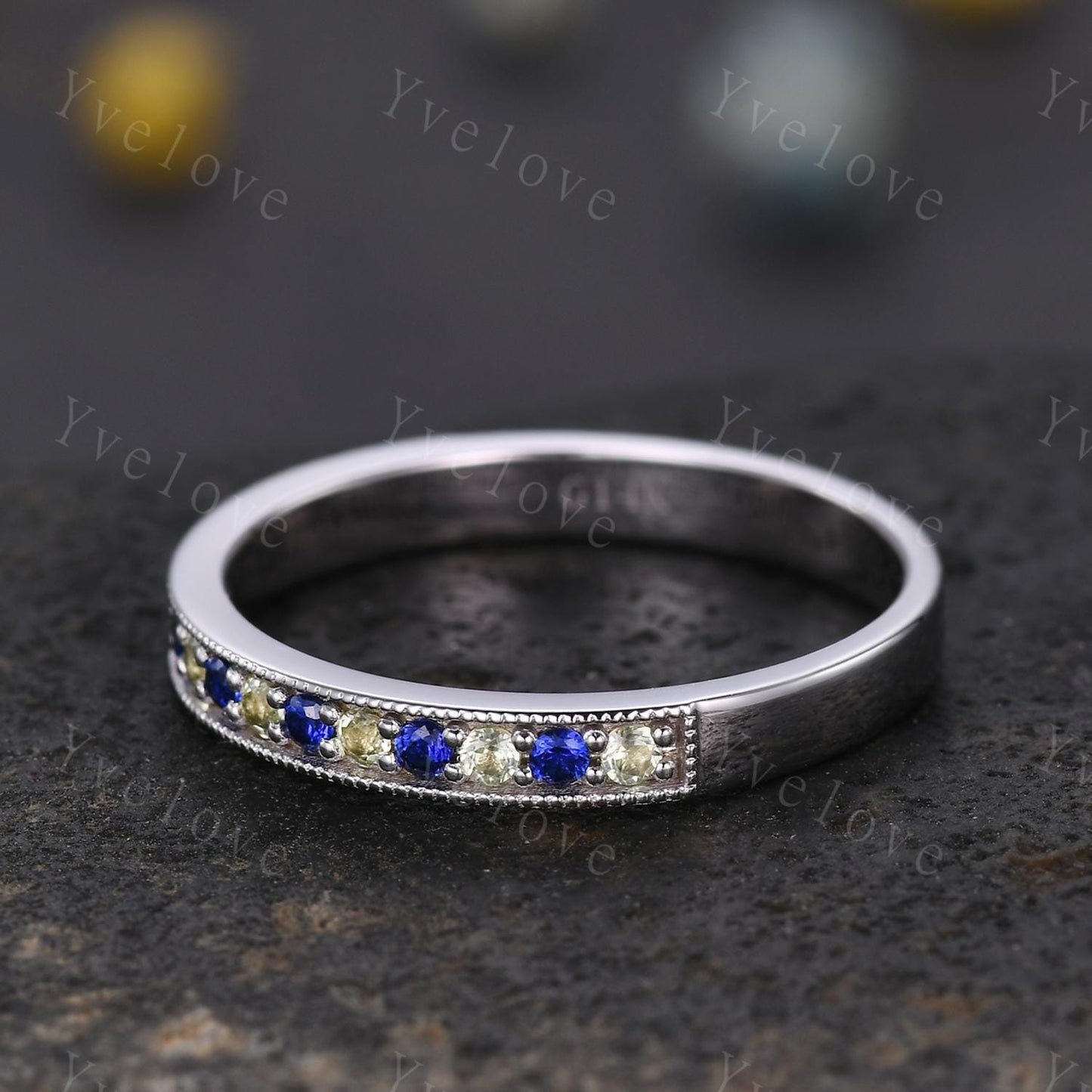 Peridot wedding band sapphire wedding ring 14k white gold half eternity ring milgrain style birthstone ring anniversary gift handmade gift