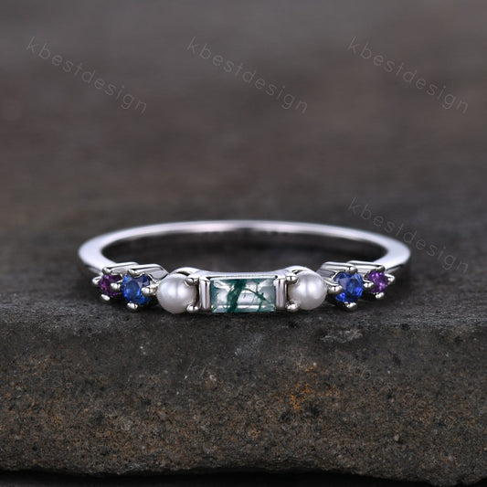 Baguette Moss Agate Ring,Blue Sapphire and Pearl Wedding Band,Unique Multi Gemstone Ring,Birthstone Jewelry,Gift For Mom,Personalized Gift