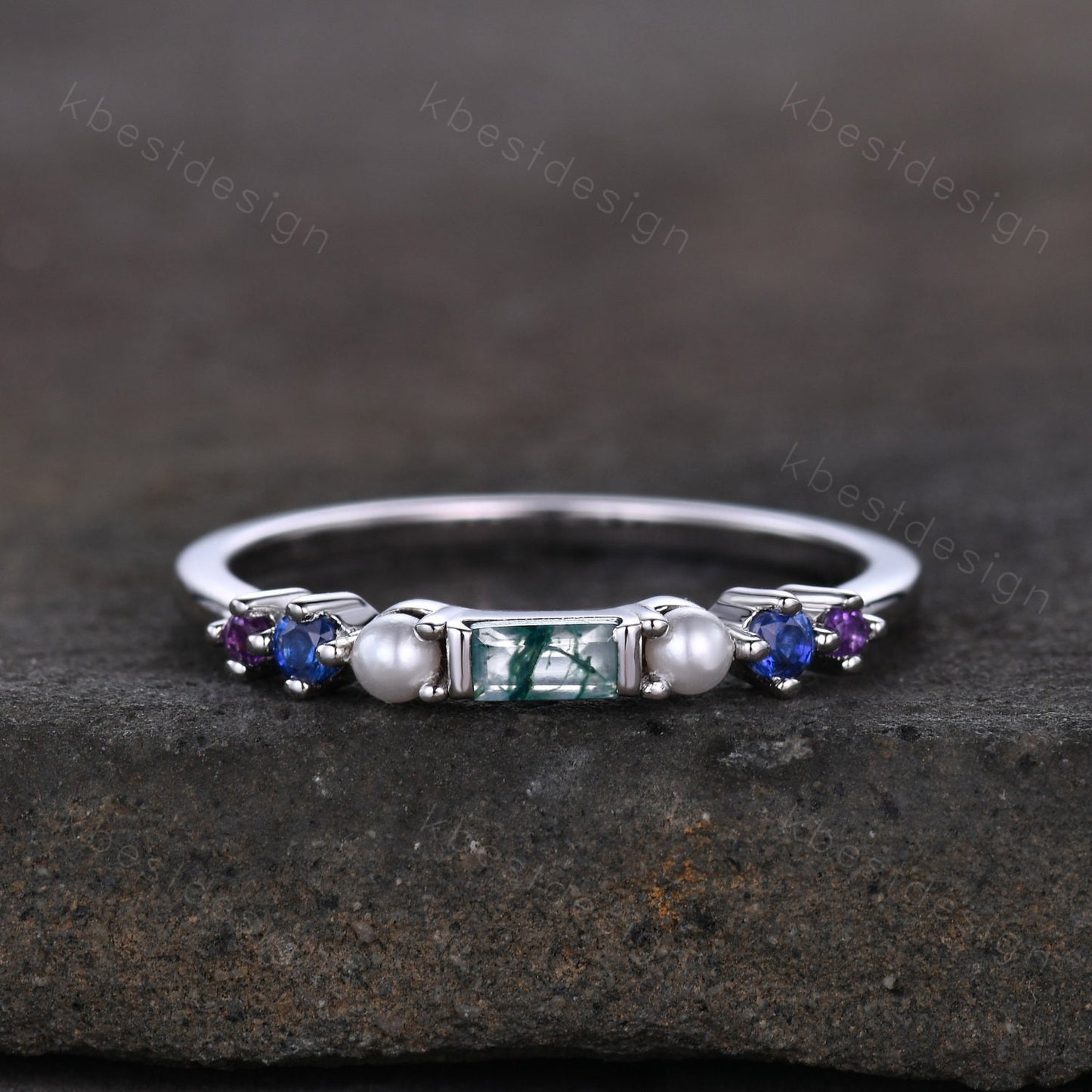 Baguette Moss Agate Ring,Blue Sapphire and Pearl Wedding Band,Unique Multi Gemstone Ring,Birthstone Jewelry,Gift For Mom,Personalized Gift