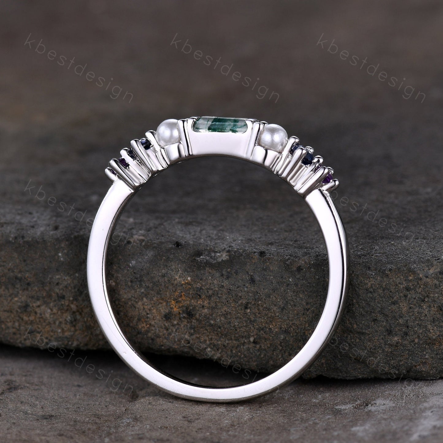 Baguette Moss Agate Ring,Blue Sapphire and Pearl Wedding Band,Unique Multi Gemstone Ring,Birthstone Jewelry,Gift For Mom,Personalized Gift