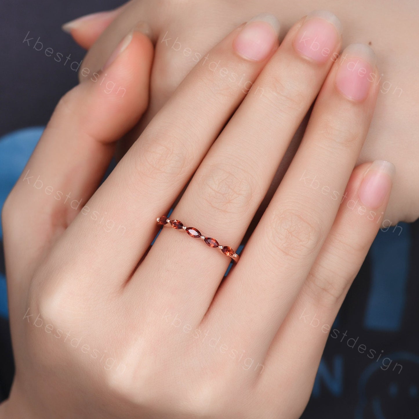 Marquise cut Garnet Wedding Band,Rose Gold Wedding Band,Unique Five Stone Ring,January Birthstone Jewelry,Gift For Mom,Personalized Ring