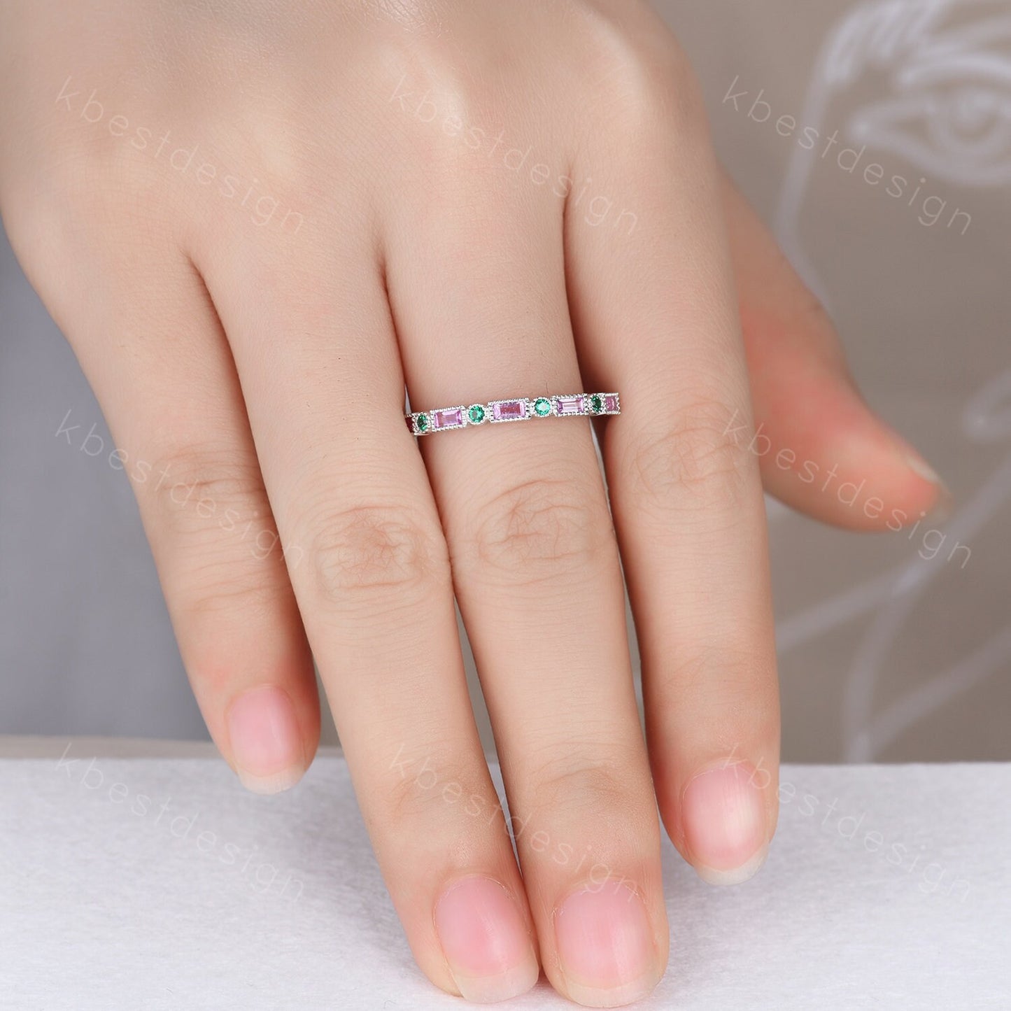 Baguette cut pink sapphire wedding band unique art deco half eternity band silver emerald band dainty stacking band anniversary gift