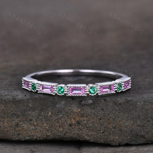 Baguette cut pink sapphire wedding band unique art deco half eternity band silver emerald band dainty stacking band anniversary gift