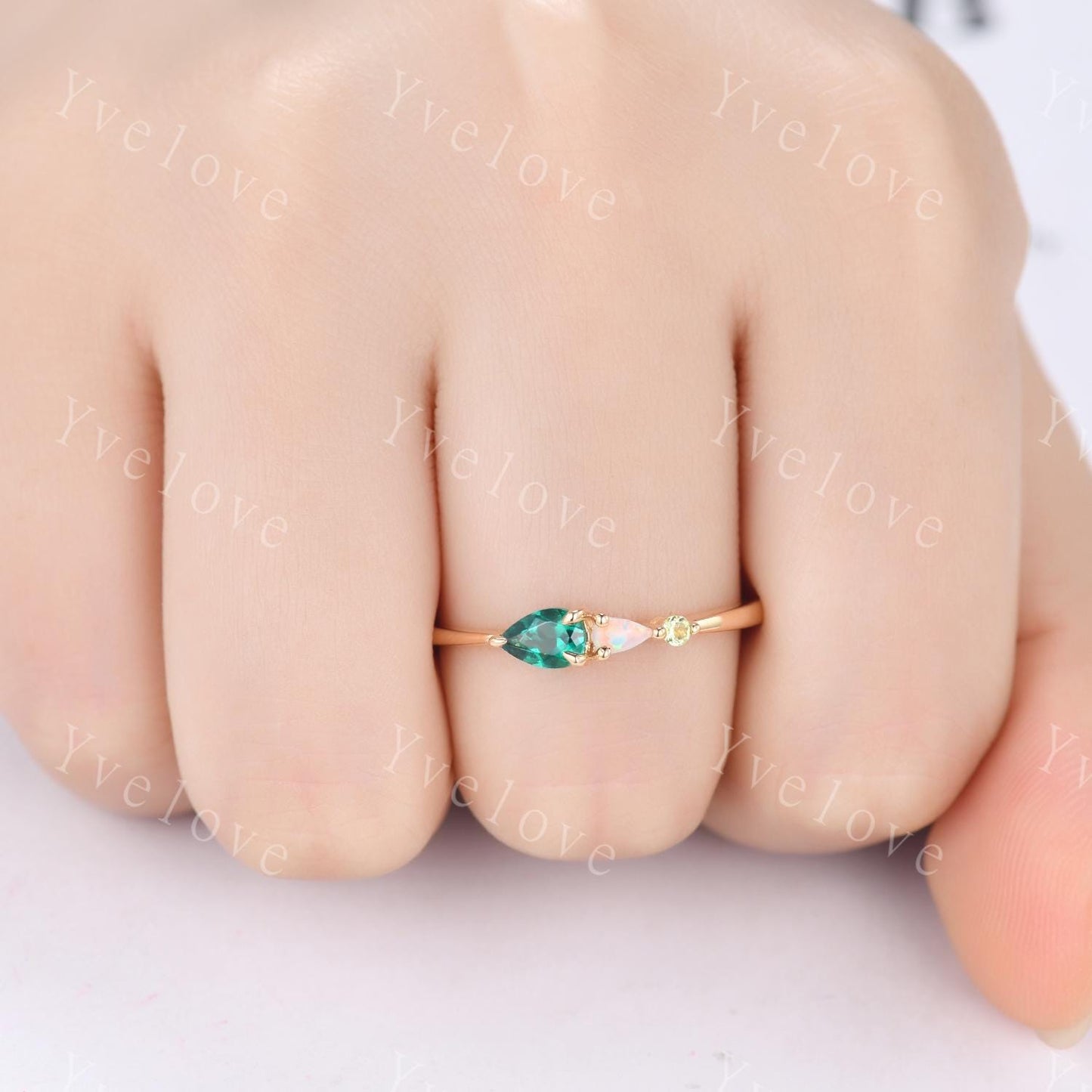 Vintage Emerald Peridot Engagement Ring,Pear Cut Gems,Art Deco Opal Wedding Band,3 Stone Unique Women Bridal Promise Ring,Customized Gift