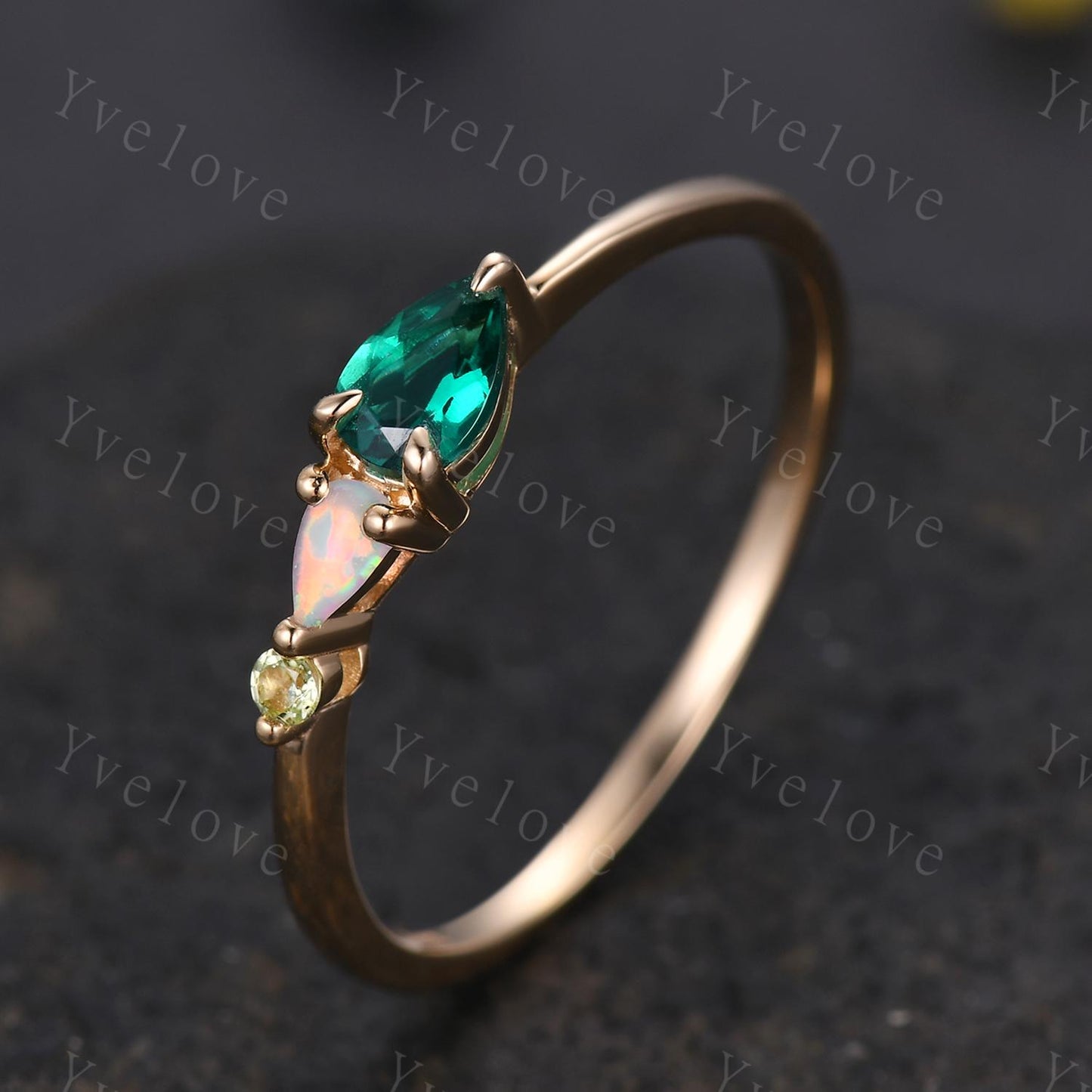 Vintage Emerald Peridot Engagement Ring,Pear Cut Gems,Art Deco Opal Wedding Band,3 Stone Unique Women Bridal Promise Ring,Customized Gift