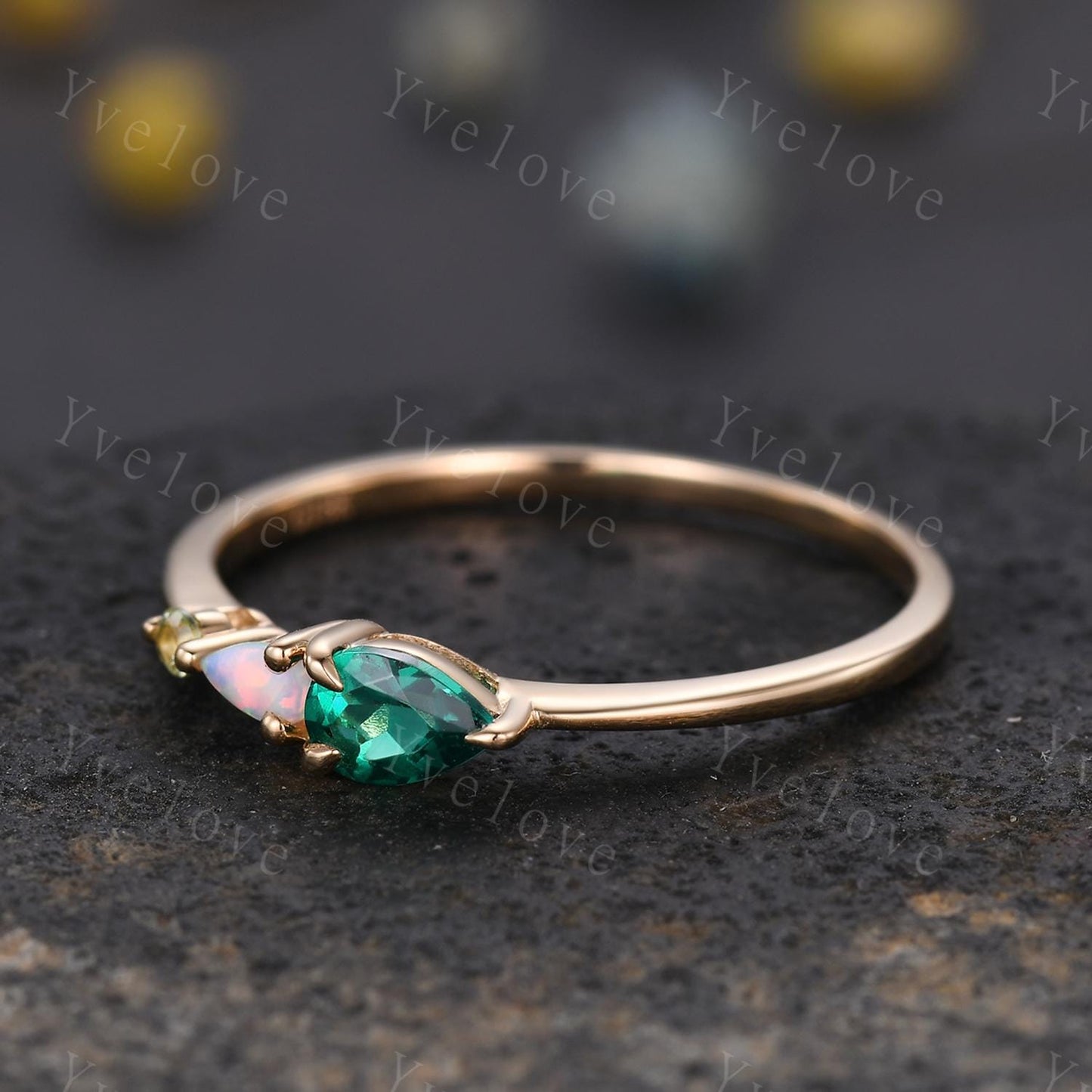 Vintage Emerald Peridot Engagement Ring,Pear Cut Gems,Art Deco Opal Wedding Band,3 Stone Unique Women Bridal Promise Ring,Customized Gift