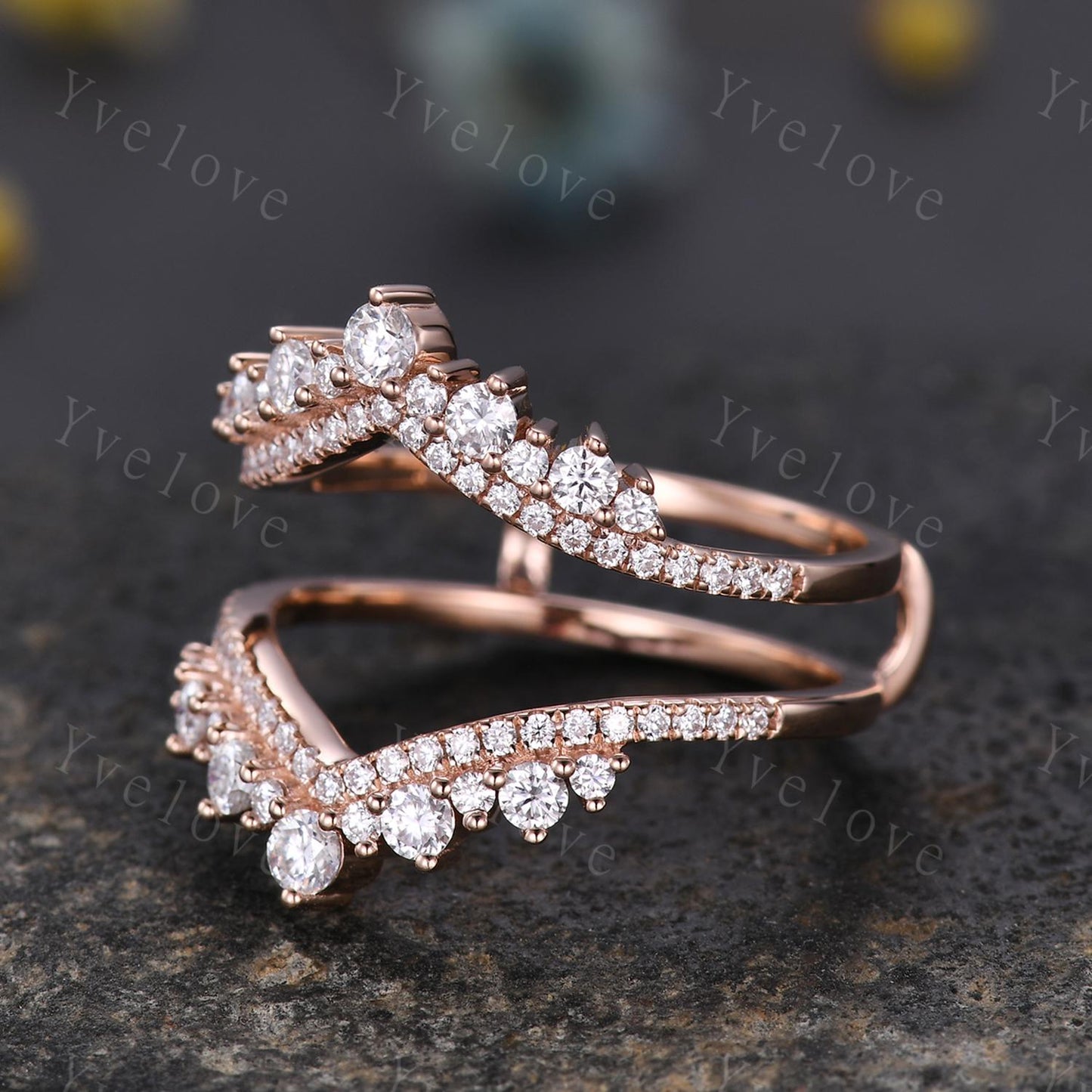 Moissanite enhancer wedding band,14k rose gold tiara ring,Diamond curved wrap guard stackable band,Personalized ring,Women promise ring gift