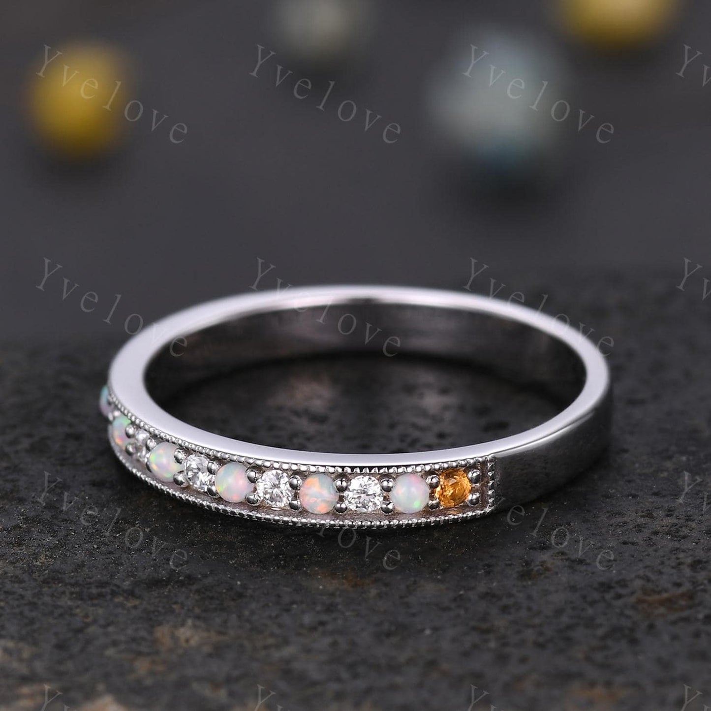 Minimalist Opal Moissanite Ring,Opal Wedding Band,14K White Gold,Channel Set Stacking Ring,Matching Band,Promise Anniversary Gift for Women