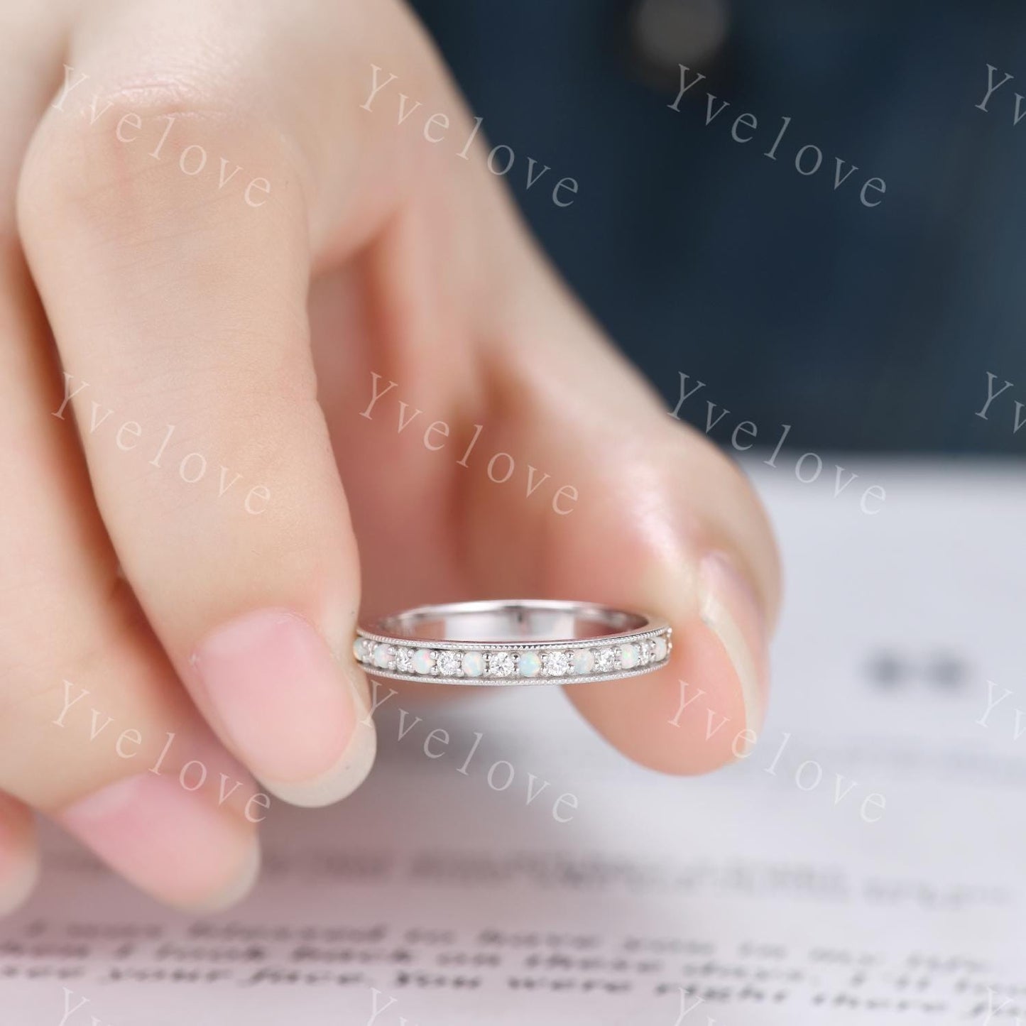 Minimalist Opal Moissanite Ring,Opal Wedding Band,14K White Gold,Channel Set Stacking Ring,Matching Band,Promise Anniversary Gift for Women