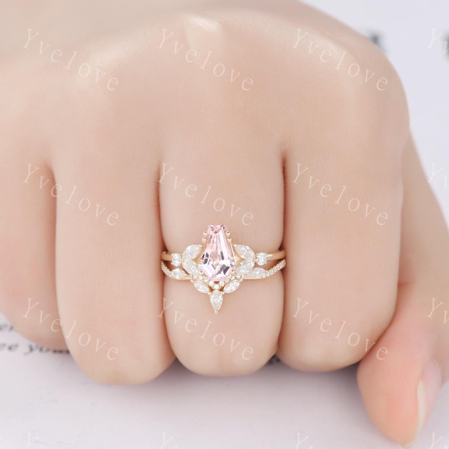 Vintage coffin shaped pink sapphire ring set moissanite wedding ring Unique sapphire engagement ring solid 14k rose gold bridal promise ring
