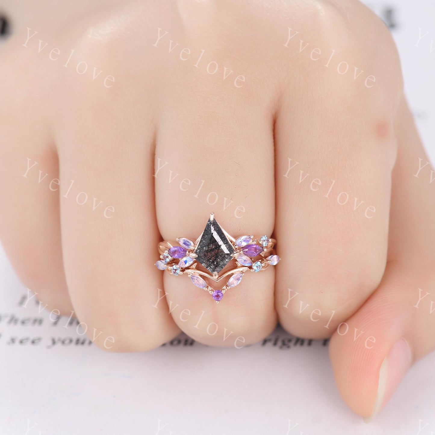 Vintage Kite Black Rutilated Quartz Engagement Ring,14k Rose Gold Ring,Vines Moonstone Amethyst Ring,Women Twig Unique Promise Ring Gift
