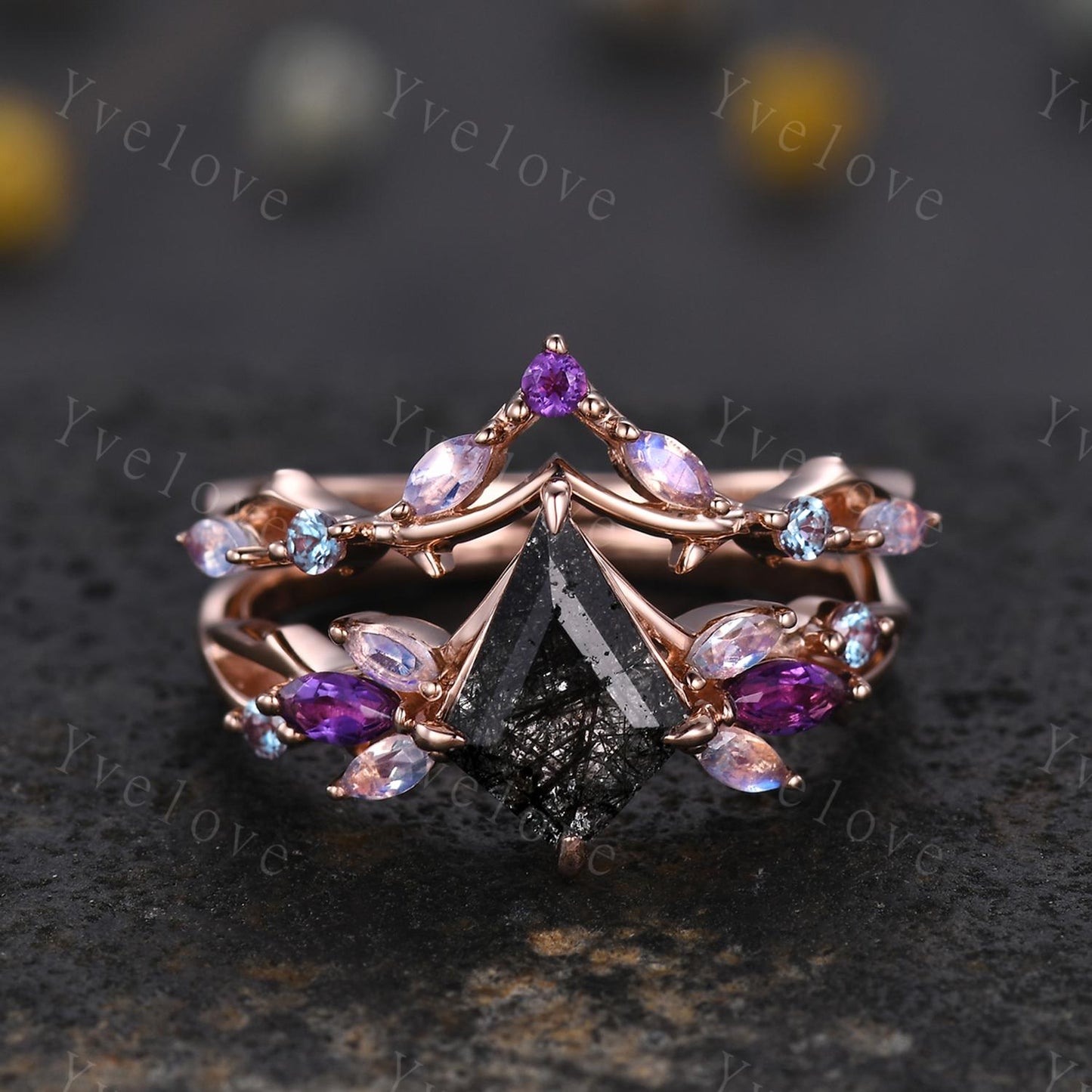 Vintage Kite Black Rutilated Quartz Engagement Ring,Rose Gold Ring,Vines Moonstone Amethyst Ring,Women Bridal Set,Unique Promise Ring Gift