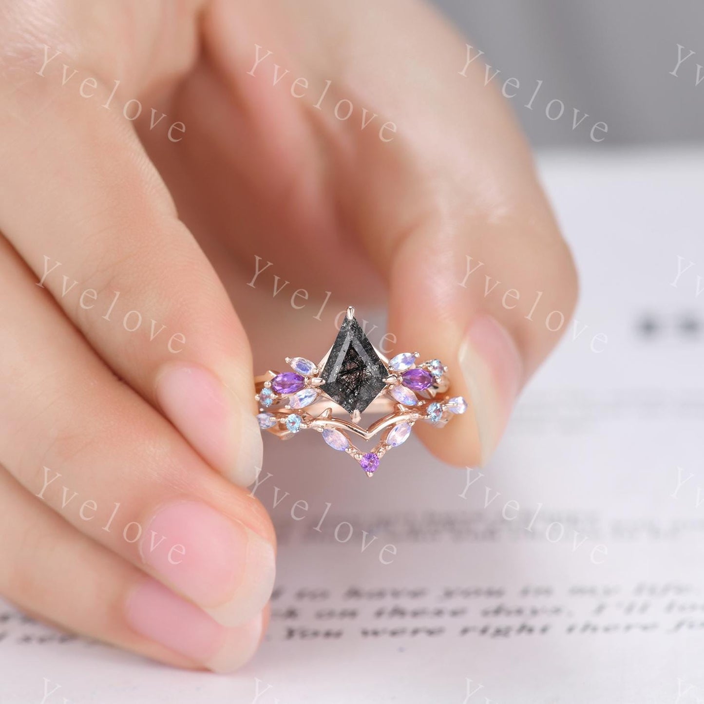 Vintage Kite Black Rutilated Quartz Engagement Ring,Rose Gold Ring,Vines Moonstone Amethyst Ring,Women Bridal Set,Unique Promise Ring Gift