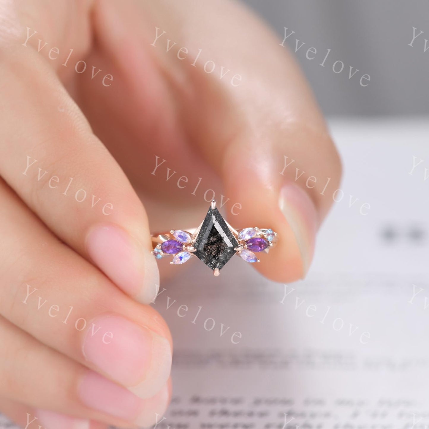 Vintage Kite Black Rutilated Quartz Engagement Ring,14k Rose Gold Ring,Vines Moonstone Amethyst Ring,Women Twig Unique Promise Ring Gift
