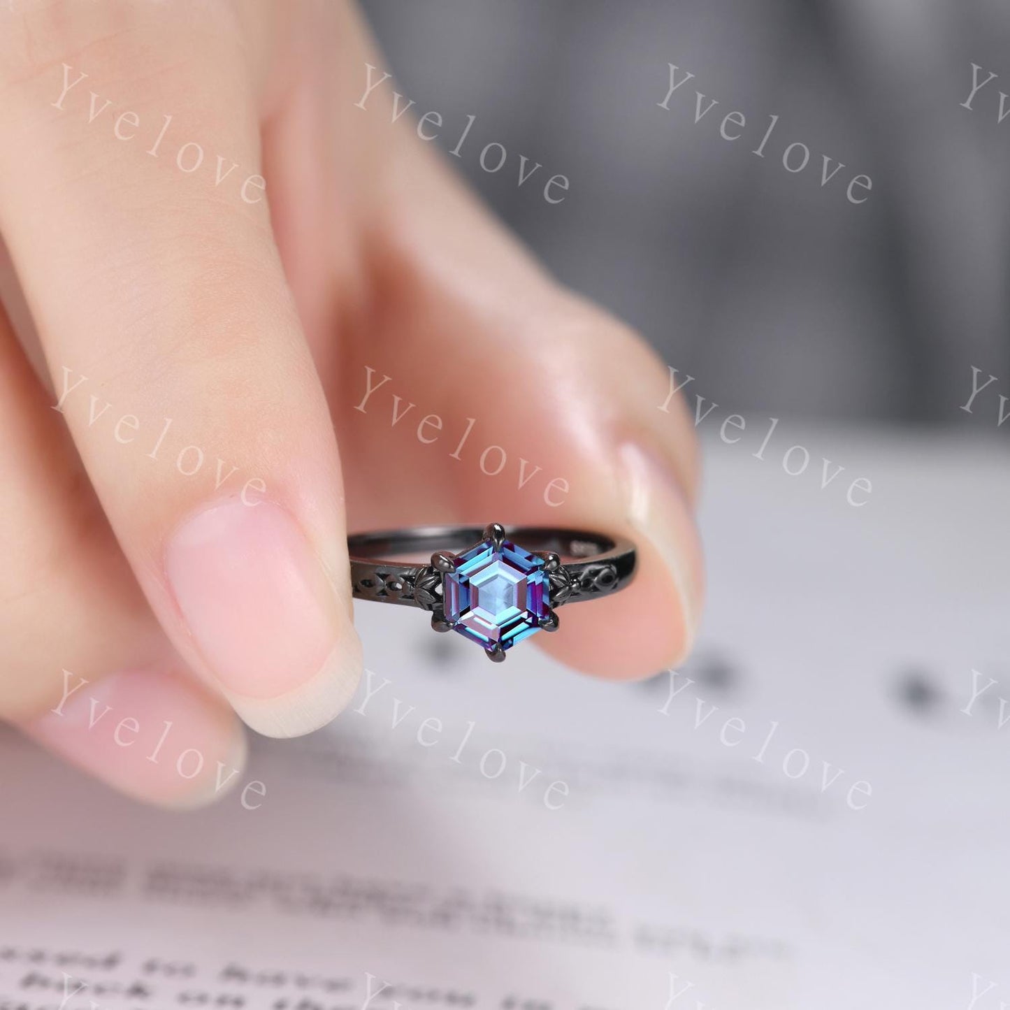 Vintage Alexandrite Engagement Ring,14k Black Gold Ring,Hexagon Cut Bridal Ring,Art Deco Alexandrite Anniversary Gift Promise Ring For Her