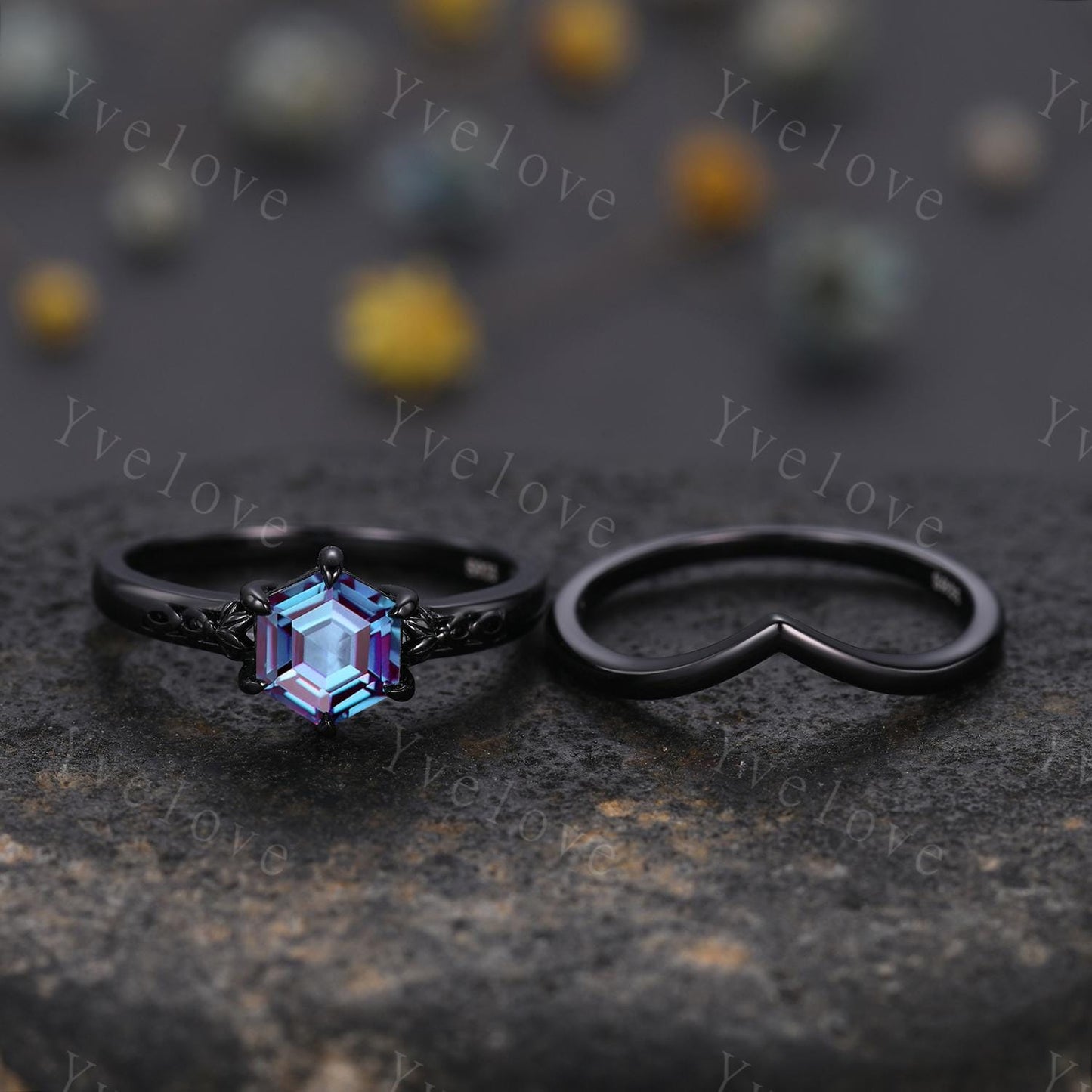 Vintage Alexandrite Engagement Ring Set,Black Gold Ring,Hexagon Cut Bridal Ring,Art Deco Alexandrite Stackable Band,Promise Gift For Her
