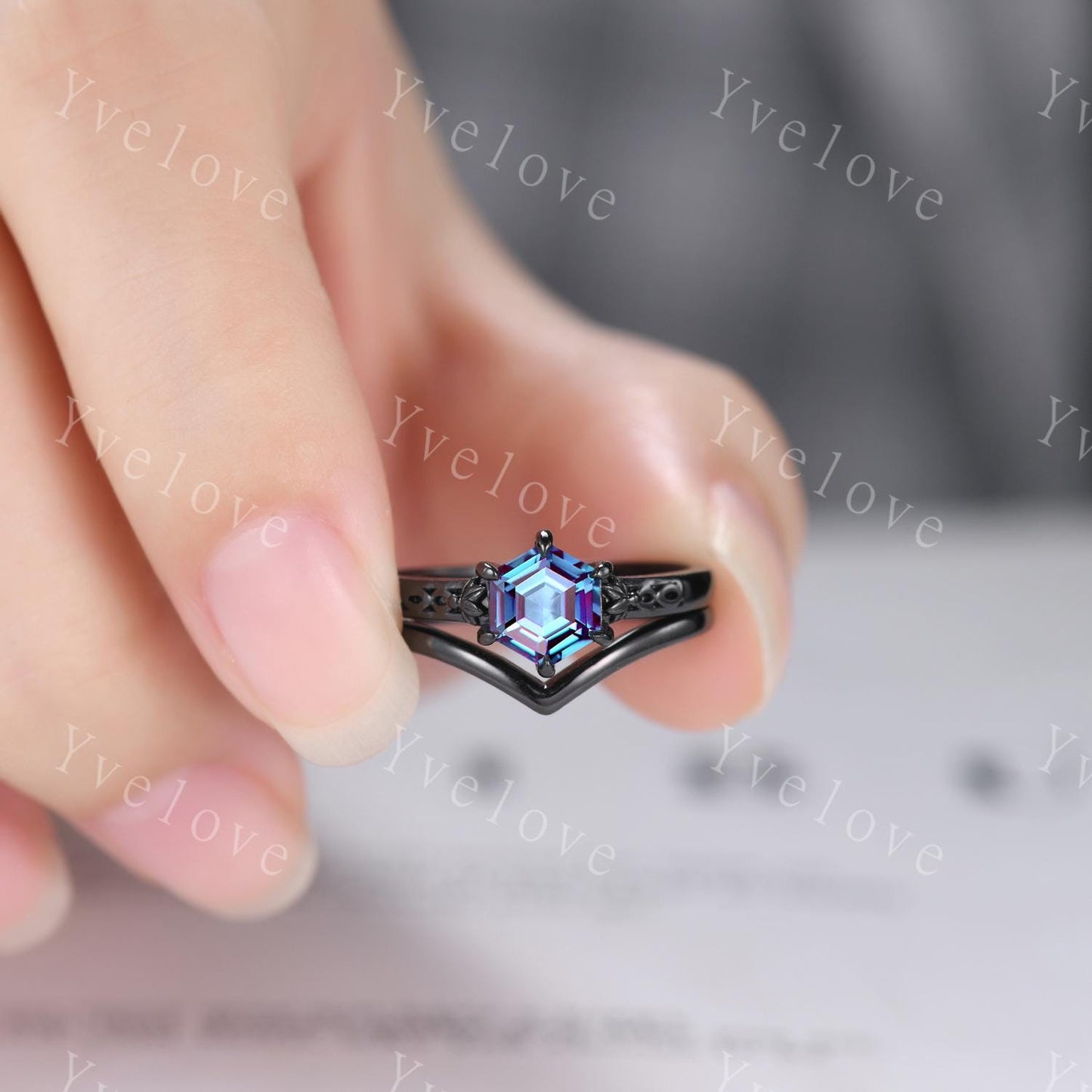 Vintage Alexandrite Engagement Ring,14k Black Gold Ring,Hexagon Cut Bridal Ring,Art Deco Alexandrite Anniversary Gift Promise Ring For Her