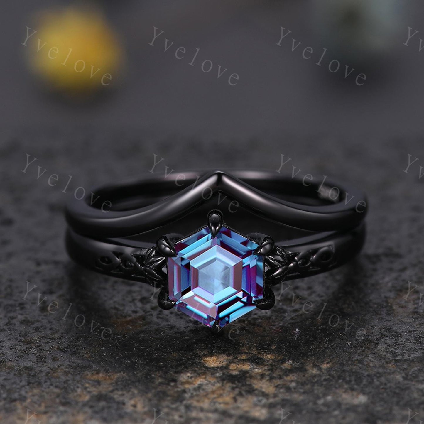 Vintage Alexandrite Engagement Ring Set,Black Gold Ring,Hexagon Cut Bridal Ring,Art Deco Alexandrite Stackable Band,Promise Gift For Her