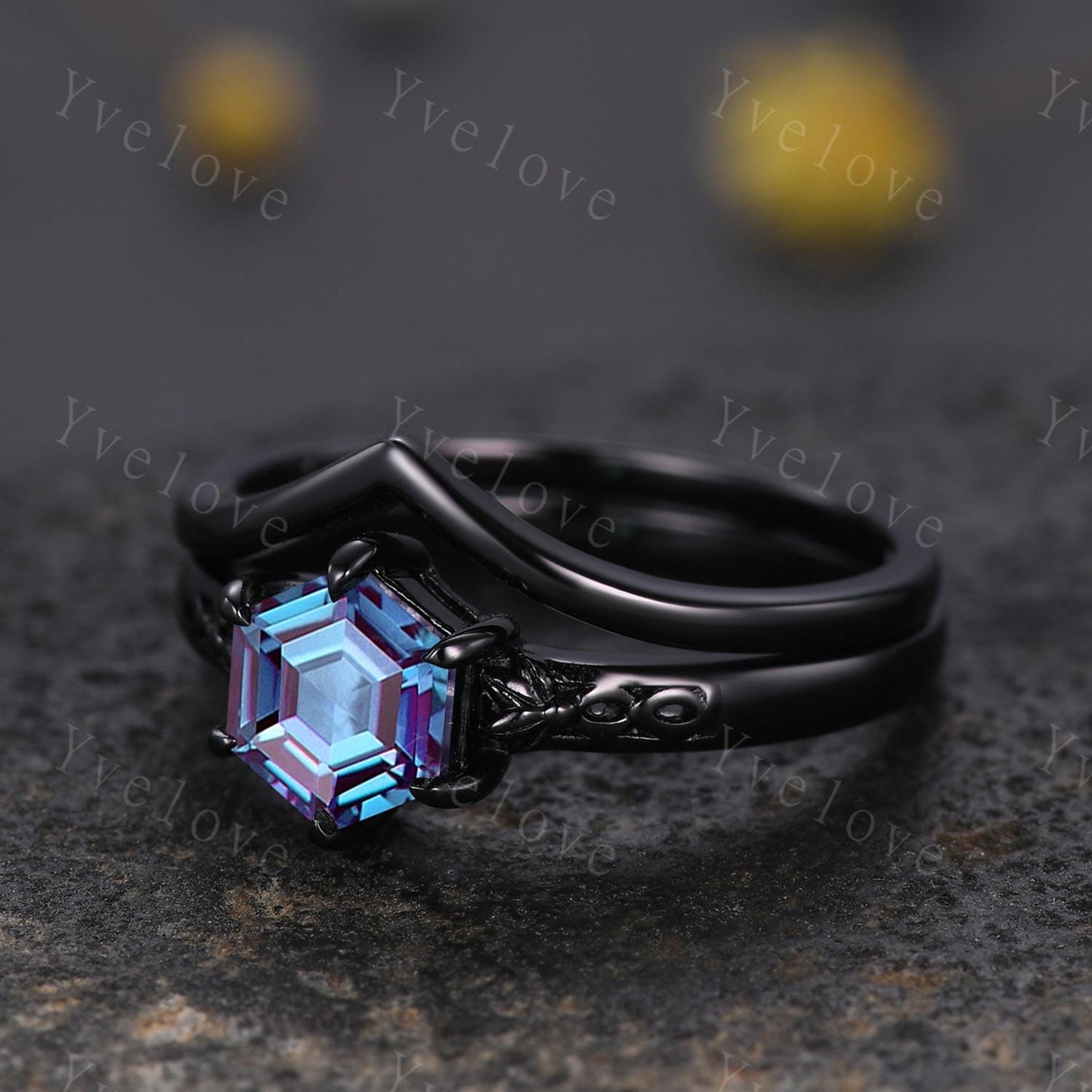 Vintage Alexandrite Engagement Ring Set,Black Gold Ring,Hexagon Cut Bridal Ring,Art Deco Alexandrite Stackable Band,Promise Gift For Her