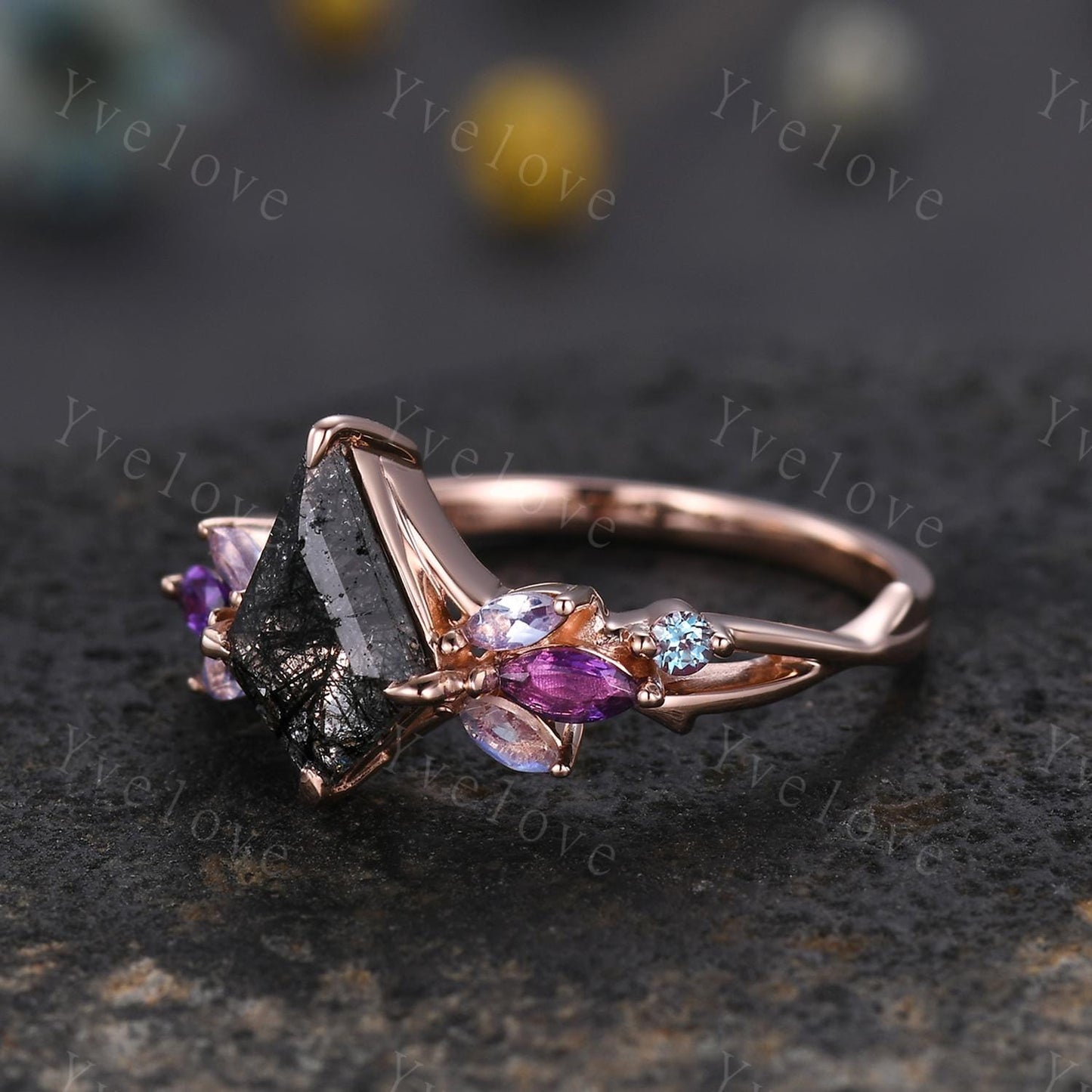 Vintage Kite Black Rutilated Quartz Engagement Ring,14k Rose Gold Ring,Vines Moonstone Amethyst Ring,Women Twig Unique Promise Ring Gift
