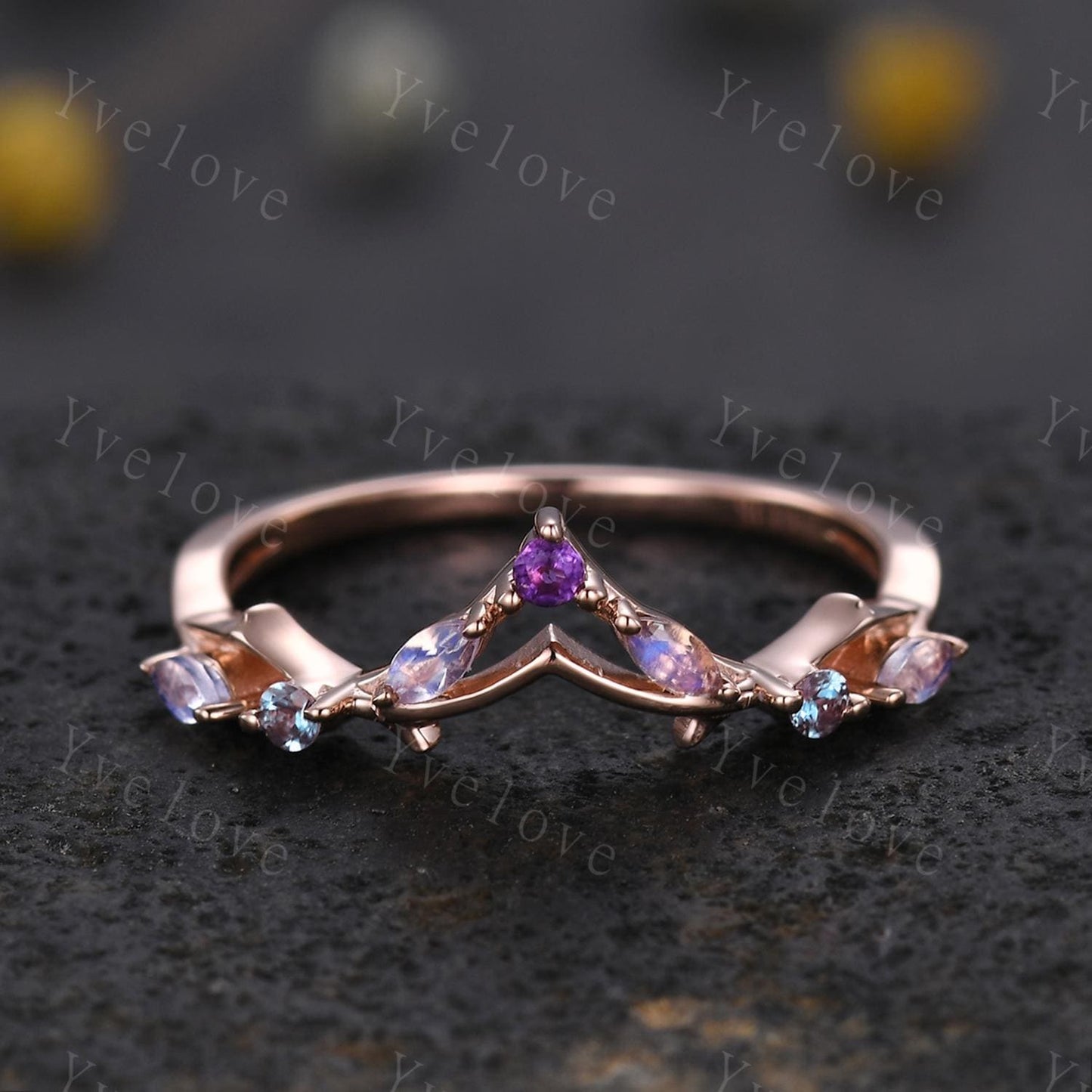 Antique Amethyst Moonstone wedding band alexandrite Ring,Women Twig Matching Band,Art Deco Curved Branch Wedding Band,Birthstone Ring,Custom