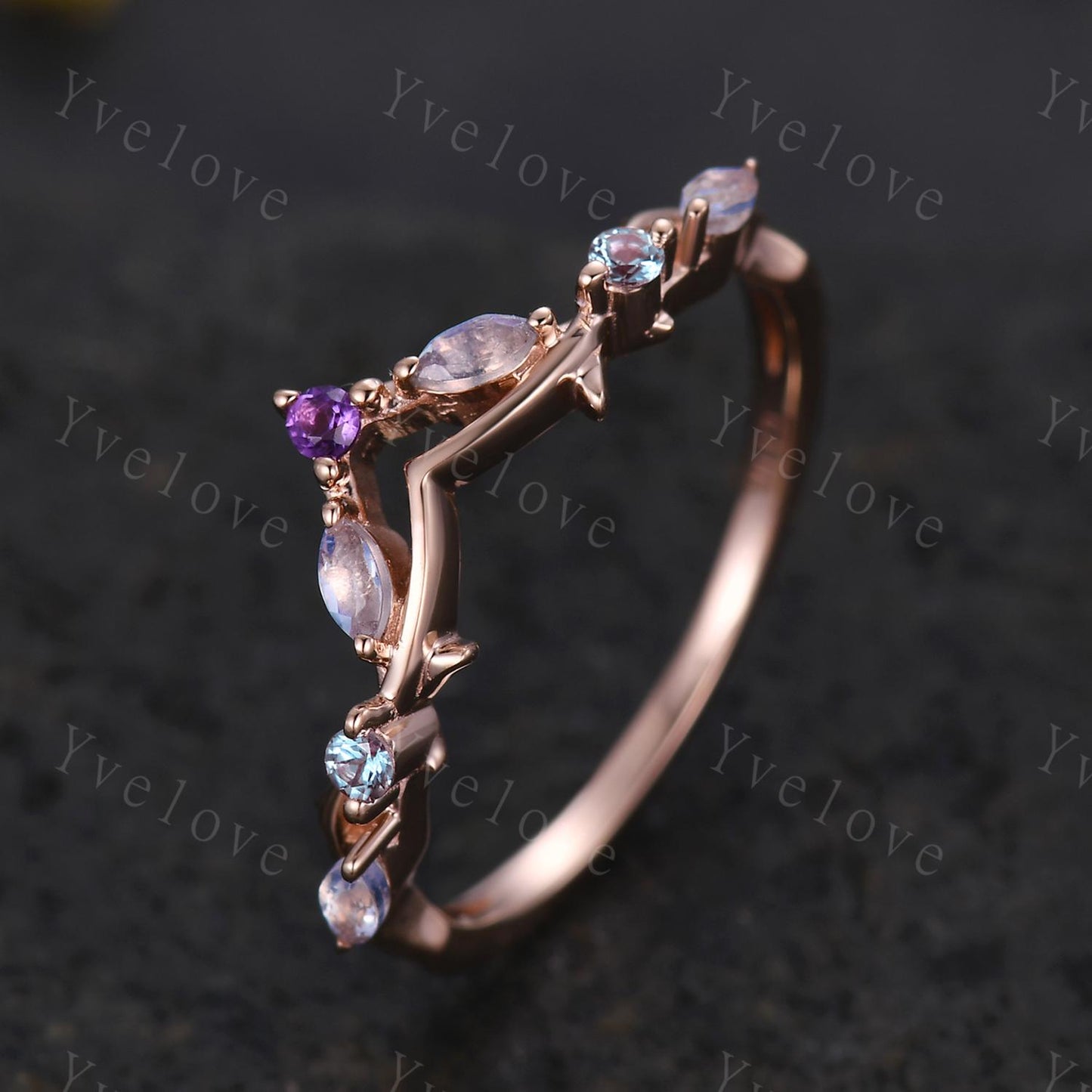 Antique Amethyst Moonstone wedding band alexandrite Ring,Women Twig Matching Band,Art Deco Curved Branch Wedding Band,Birthstone Ring,Custom
