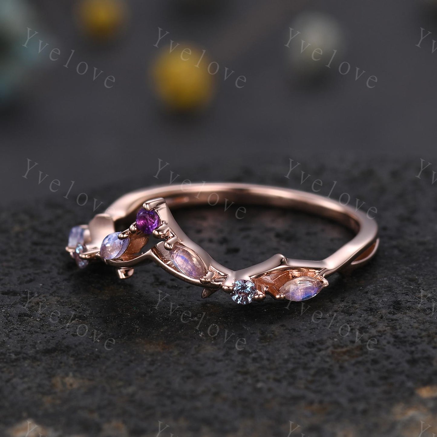 Antique Amethyst Moonstone wedding band alexandrite Ring,Women Twig Matching Band,Art Deco Curved Branch Wedding Band,Birthstone Ring,Custom