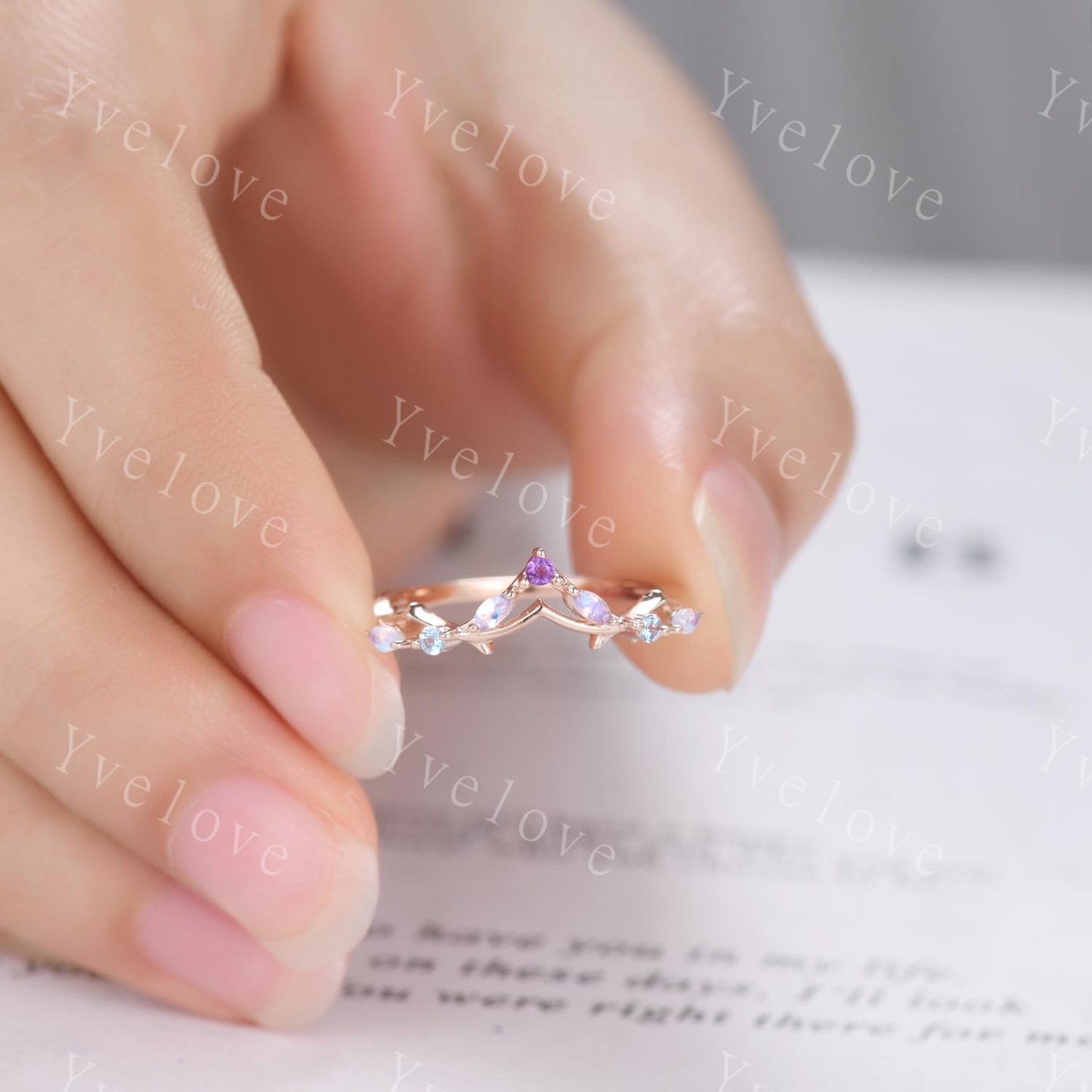 Antique Amethyst Moonstone wedding band alexandrite Ring,Women Twig Matching Band,Art Deco Curved Branch Wedding Band,Birthstone Ring,Silver