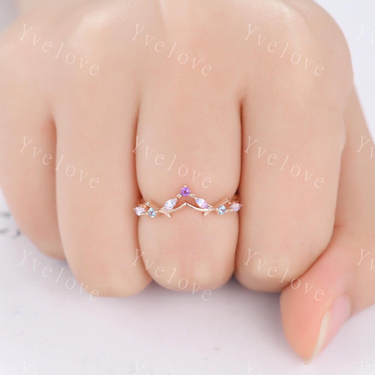 Antique Amethyst Moonstone wedding band alexandrite Ring,Women Twig Matching Band,Art Deco Curved Branch Wedding Band,Birthstone Ring,Silver
