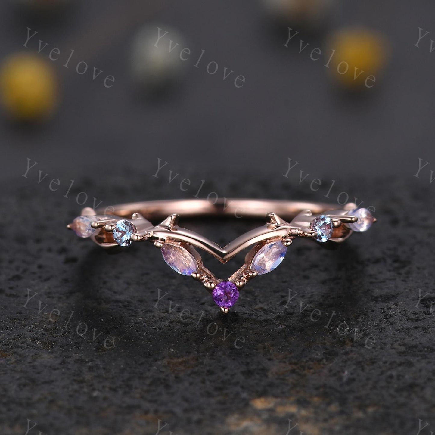 Antique Amethyst Moonstone wedding band alexandrite Ring,Women Twig Matching Band,Art Deco Curved Branch Wedding Band,Birthstone Ring,Custom