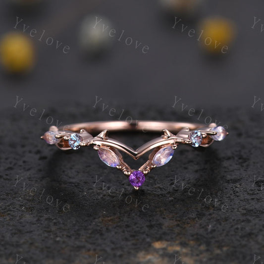 Antique Amethyst Moonstone wedding band alexandrite Ring,Women Twig Matching Band,Art Deco Curved Branch Wedding Band,Birthstone Ring,Custom