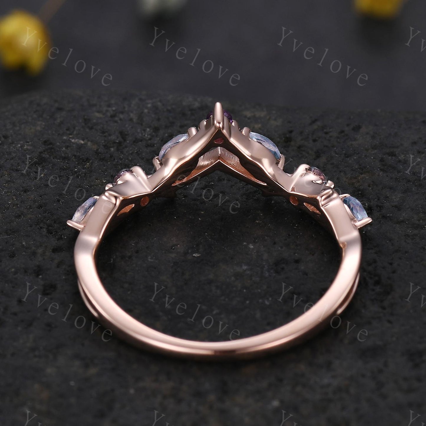 Antique Amethyst Moonstone wedding band alexandrite Ring,Women Twig Matching Band,Art Deco Curved Branch Wedding Band,Birthstone Ring,Custom