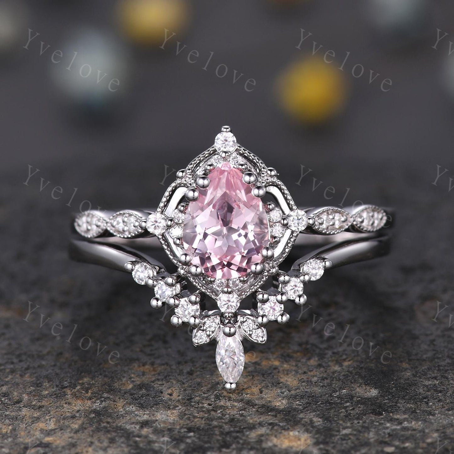 Vintage Pink Sapphire Engagement Ring,Teardrop Sapphire Ring,14K 18K White Gold,Unique Women Moissanite Promise Ring For Her,Handmade Gift