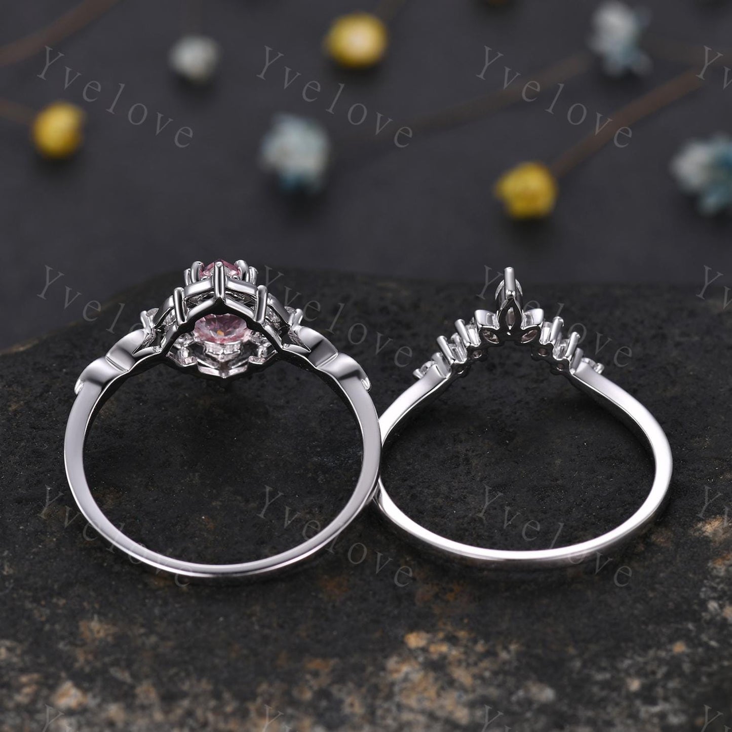 Vintage Pink Sapphire Engagement Ring,Teardrop Sapphire Ring Set,14K White Gold,Unique Women Moissanite Promise Ring For Her,Handmade Gift