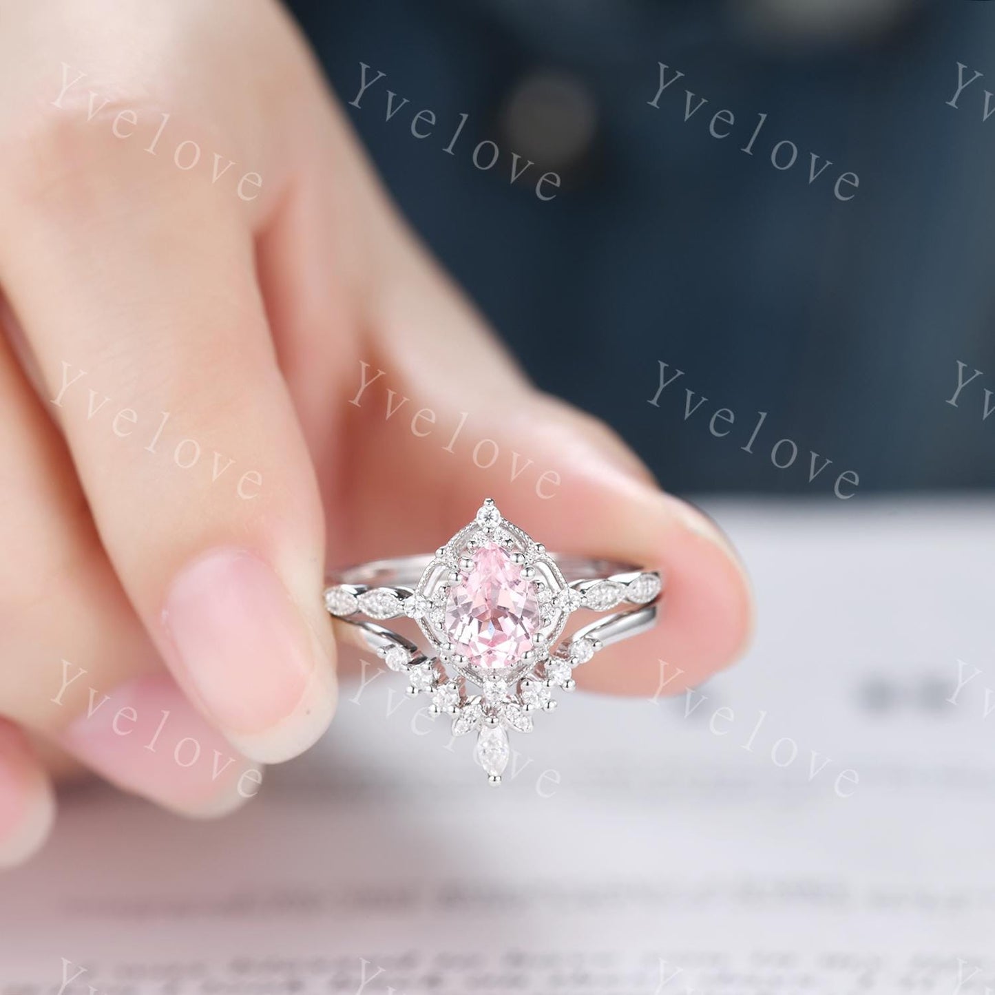 Vintage Pink Sapphire Engagement Ring,Teardrop Sapphire Ring Set,14K White Gold,Unique Women Moissanite Promise Ring For Her,Handmade Gift