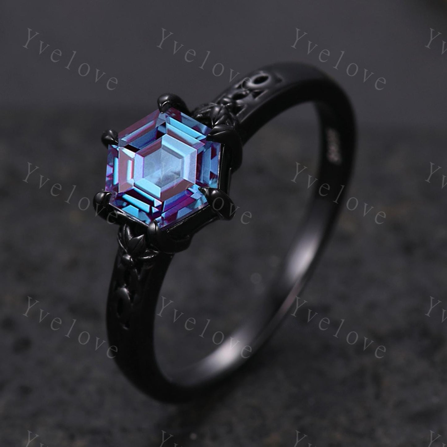Vintage Alexandrite Engagement Ring,14k Black Gold Ring,Hexagon Cut Bridal Ring,Art Deco Alexandrite Anniversary Gift Promise Ring For Her