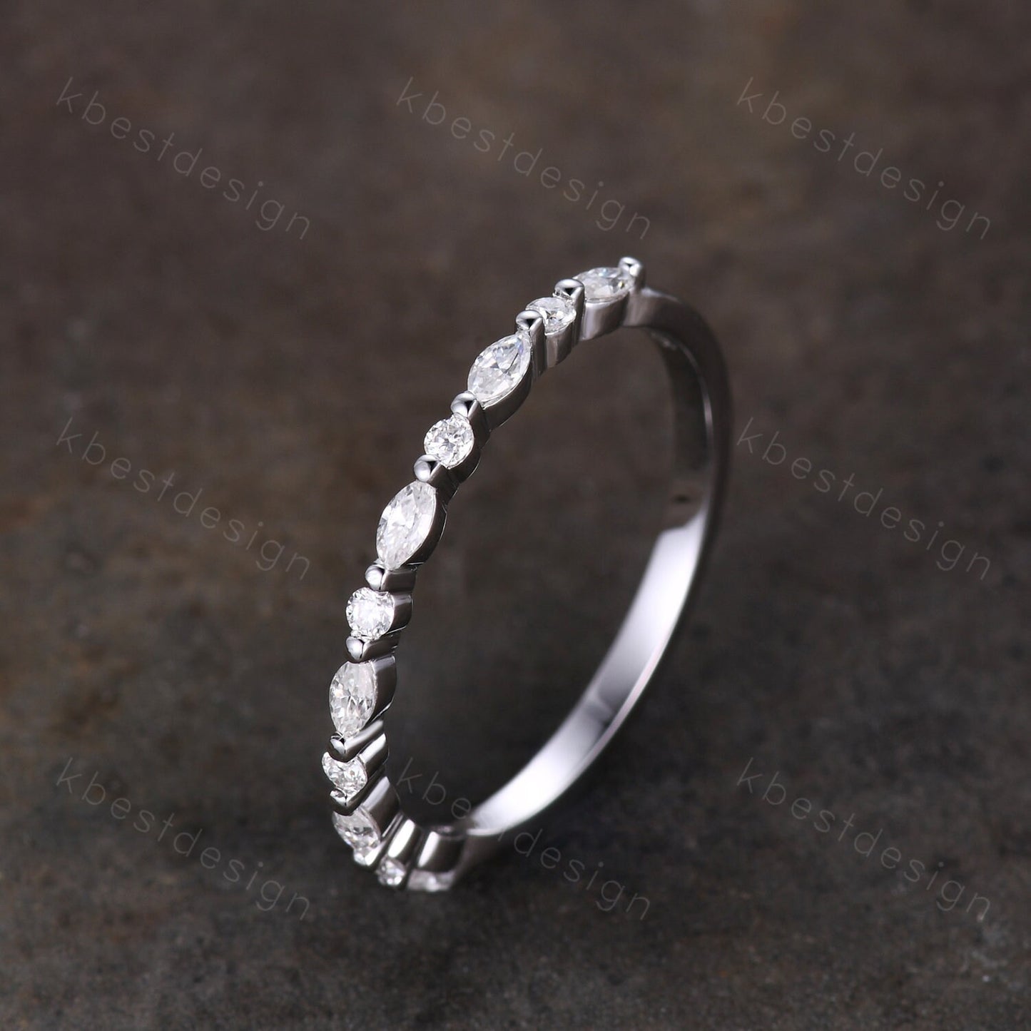 Dainty Moissanite wedding band set women marquise cut half eternity band silver wedding band Unique Stacking Matching anniversary ring gift