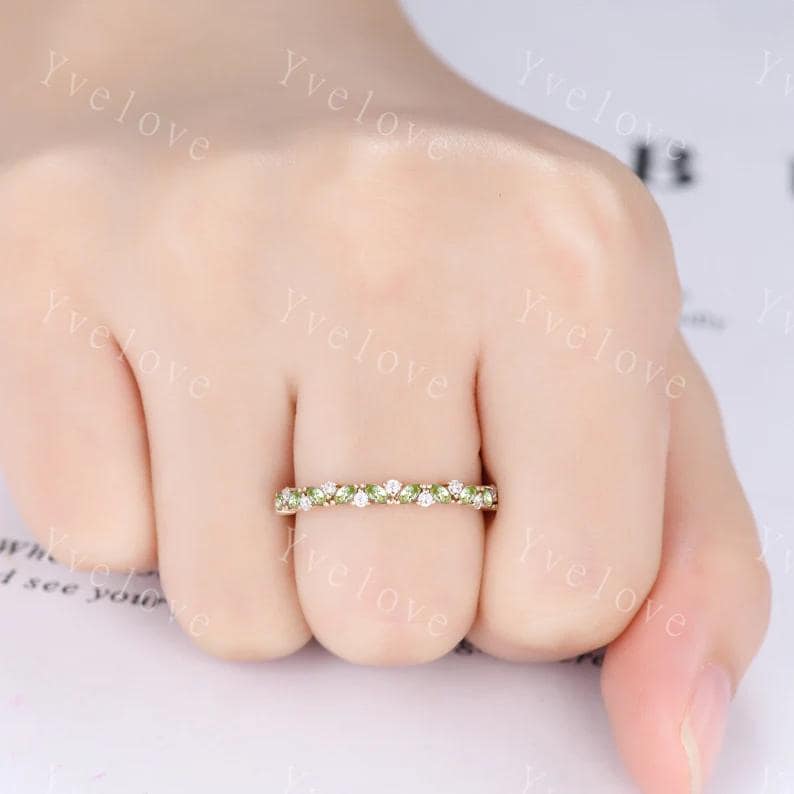 Marquise peridot wedding band vintage peridot ring yellow gold diamond antique unique stacking band anniversary promise ring matching band