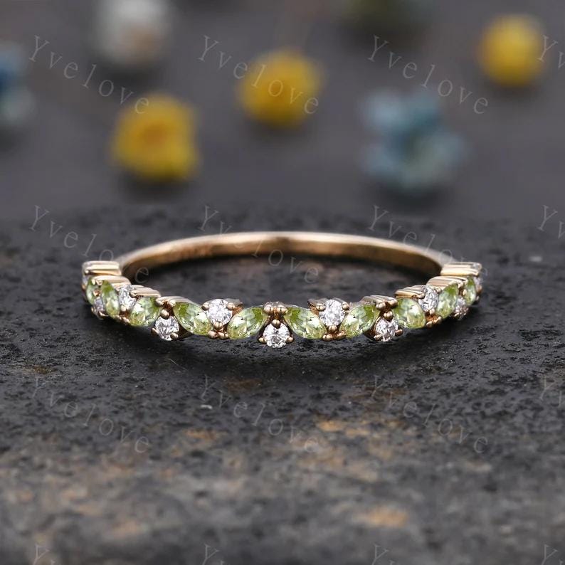 Marquise peridot wedding band vintage peridot ring yellow gold diamond antique unique stacking band anniversary promise ring matching band