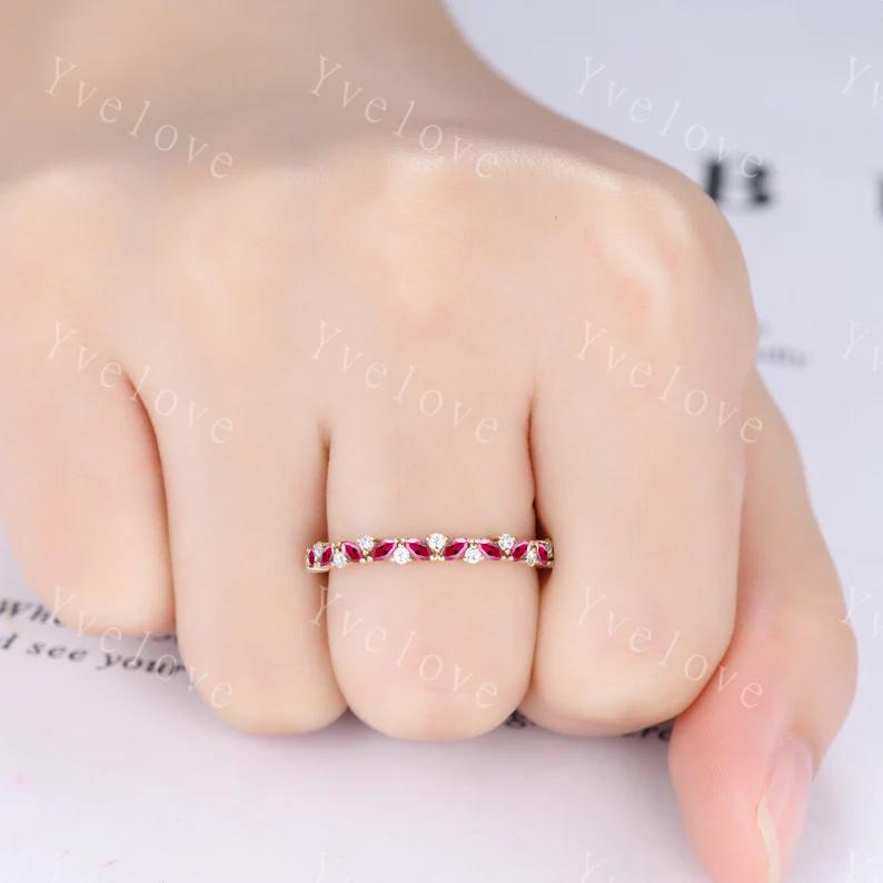Marquise red ruby wedding band vintage ruby ring yellow gold diamond antique unique stacking band anniversary promise ring matching band