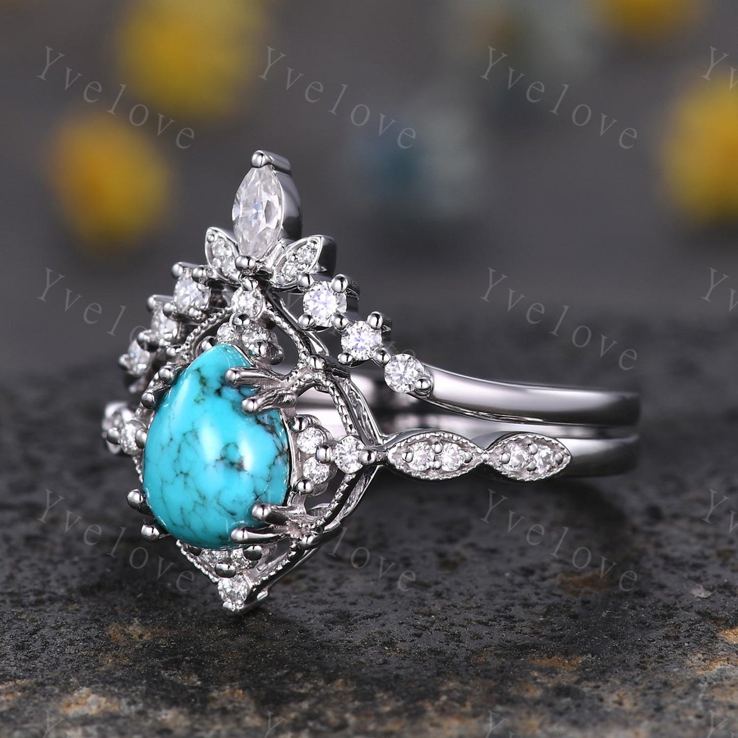 Vintage Turquoise Engagement Ring Set,6x8mm Pear Turquoise Bridal Set,V Curved Moissanite Stacking Band,Silver Ring,Women Rings Gift For Her