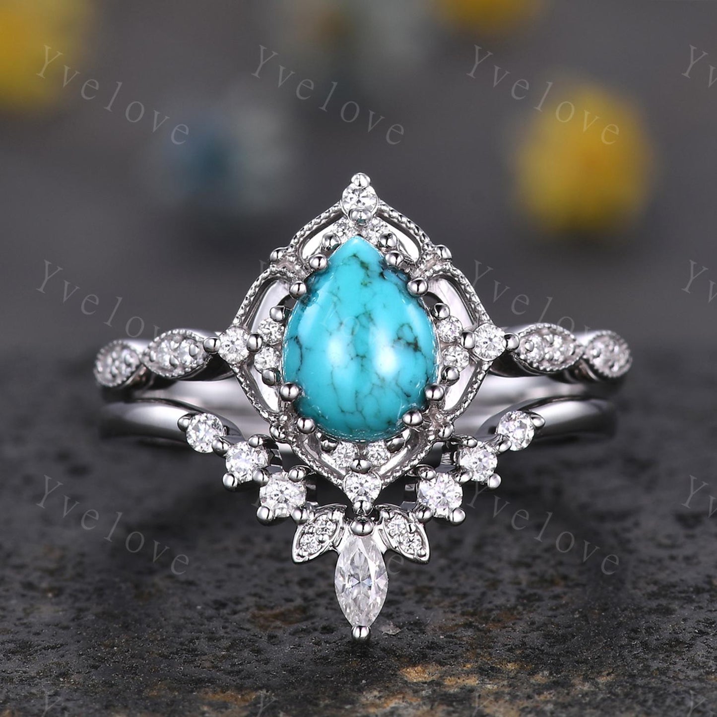 Vintage Turquoise Engagement Ring Set,6x8mm Pear Turquoise Bridal Set,V Curved Moissanite Stacking Band,Solid Gold,Women Rings Gift For Her