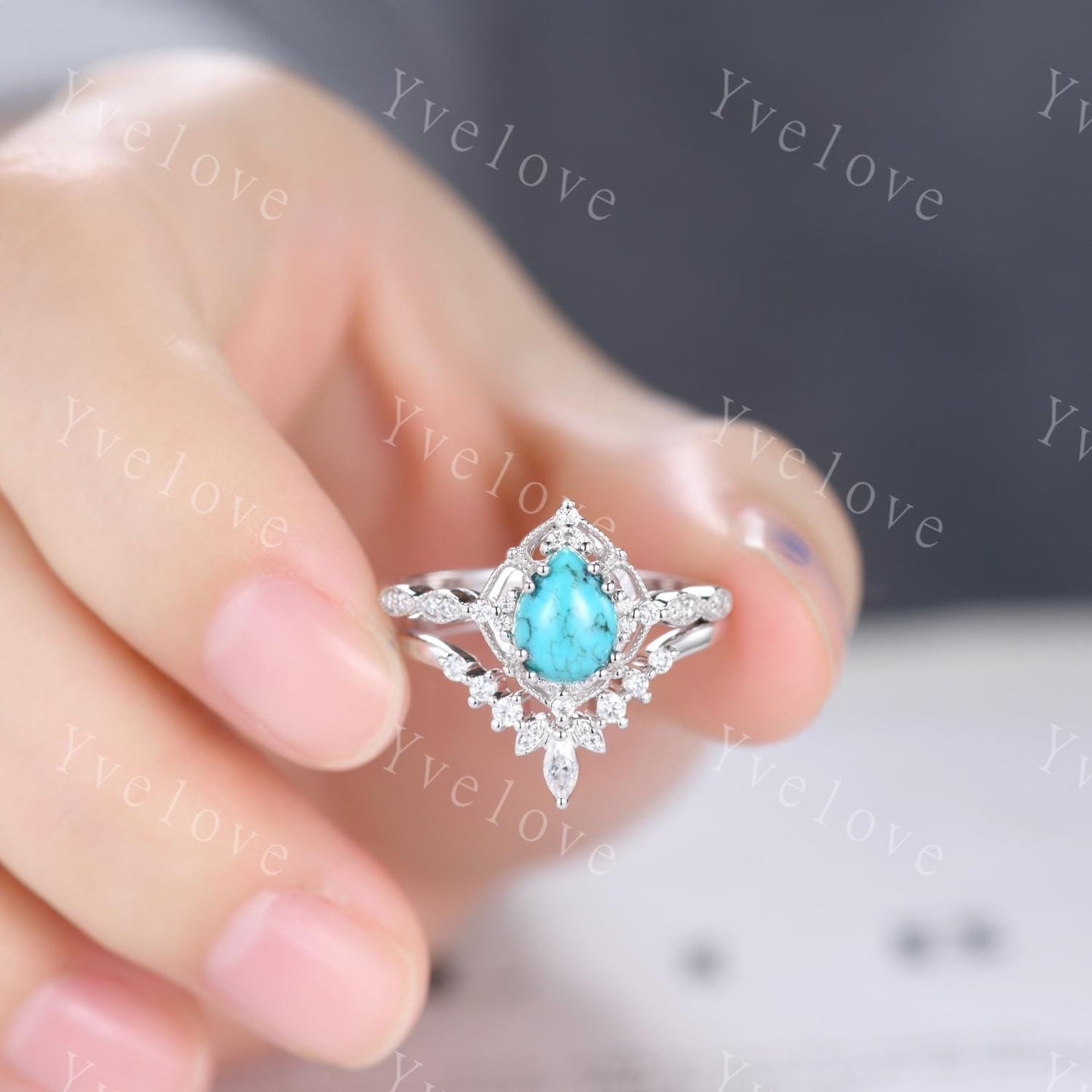 Vintage Turquoise Engagement Ring Set,6x8mm Pear Turquoise Bridal Set,V Curved Moissanite Stacking Band,Silver Ring,Women Rings Gift For Her
