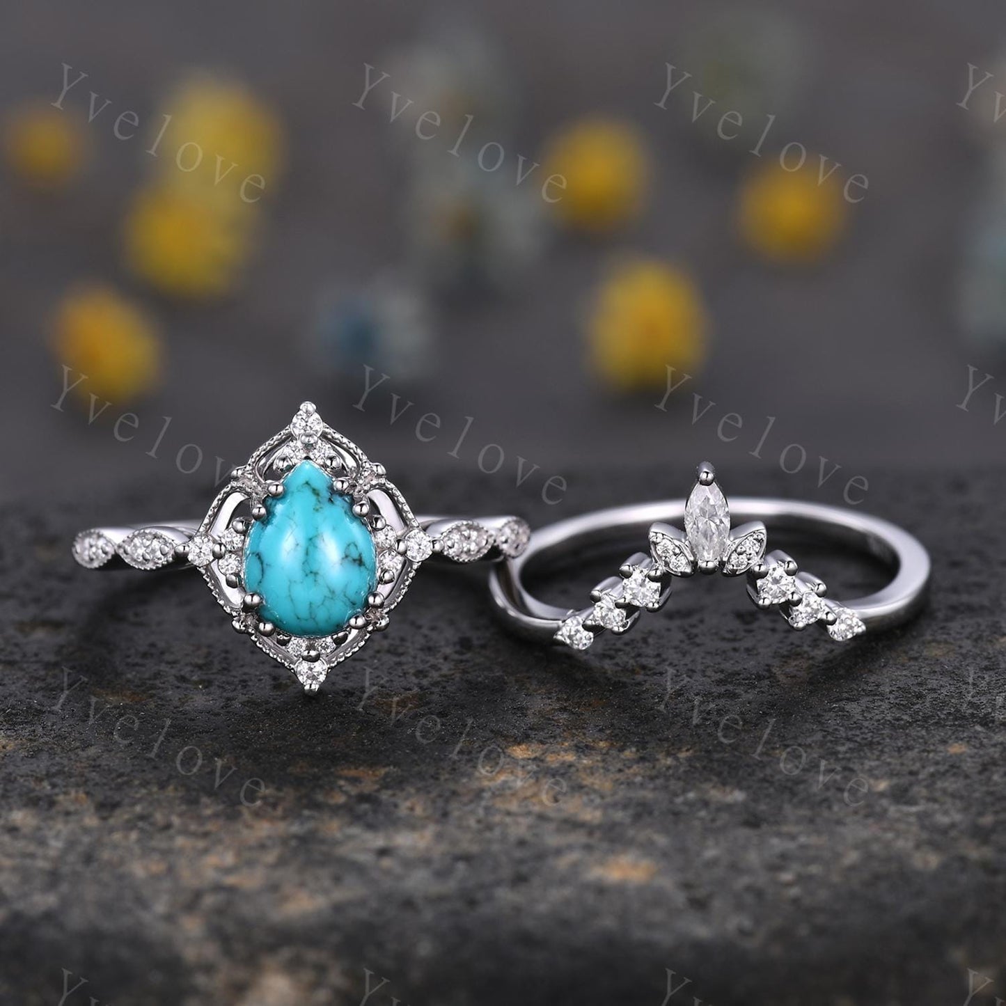 Vintage Turquoise Engagement Ring Set,6x8mm Pear Turquoise Bridal Set,V Curved Moissanite Stacking Band,Silver Ring,Women Rings Gift For Her