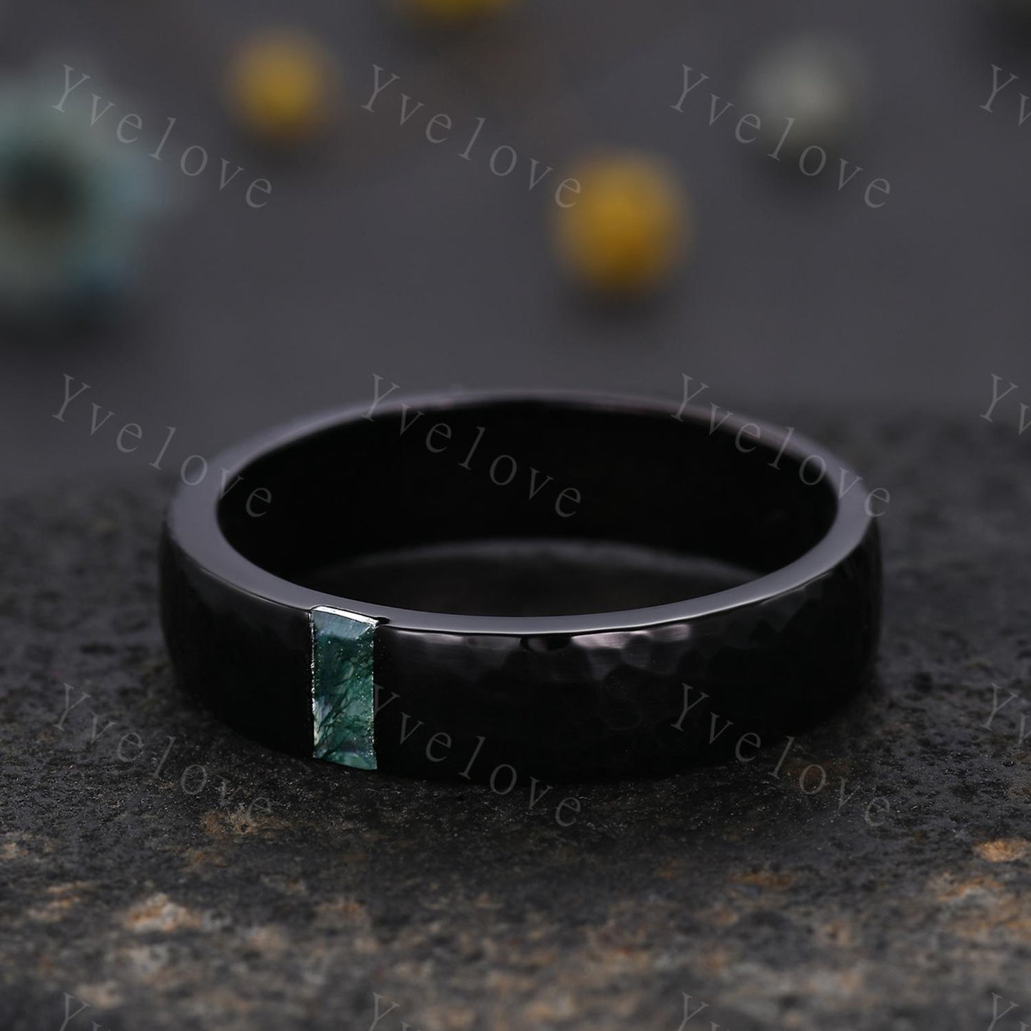 Mens Moss agate Wedding Band Baguette Cut Green Agate Band 5mm Black Gold Ring Mens Hammered Stacking Matching Band Retro Vintage Ring Gift