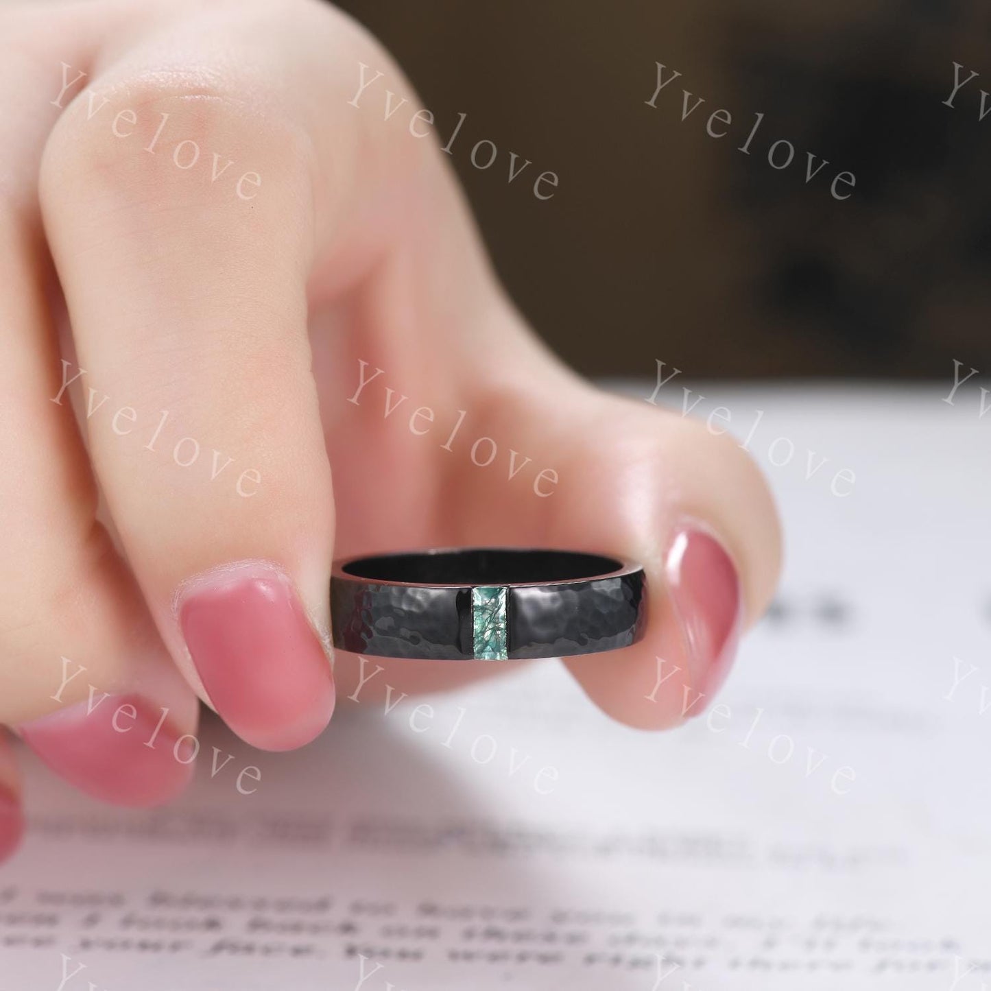 Mens Moss agate Wedding Band Baguette Cut Green Agate Band 5mm Black Gold Ring Mens Hammered Stacking Matching Band Retro Vintage Ring Gift