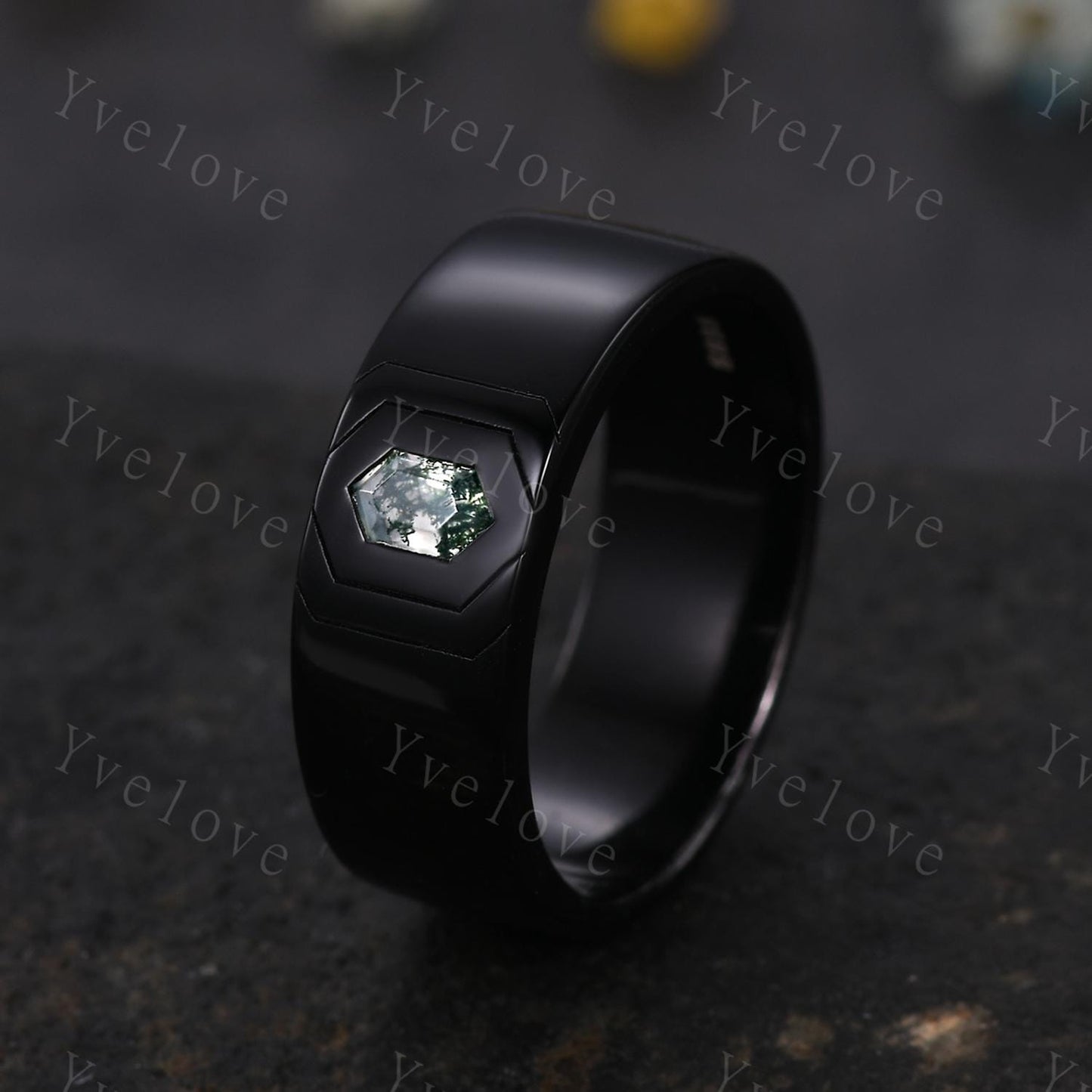 7mm Black Gold Mens Hexagon Moss Agate Wedding Band Nature Inspired Green Agate Engagement Ring Plain Band Mens Stacking Band Promise Ring