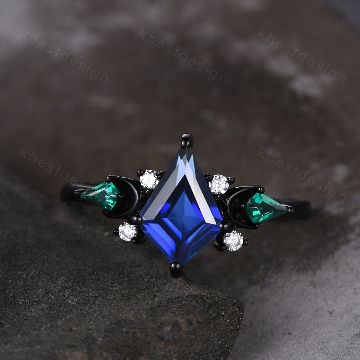 Vintage blue sapphire engagement ring Black gold ring Art deco moon design emerald wedding ring unique cluster bridal promise ring