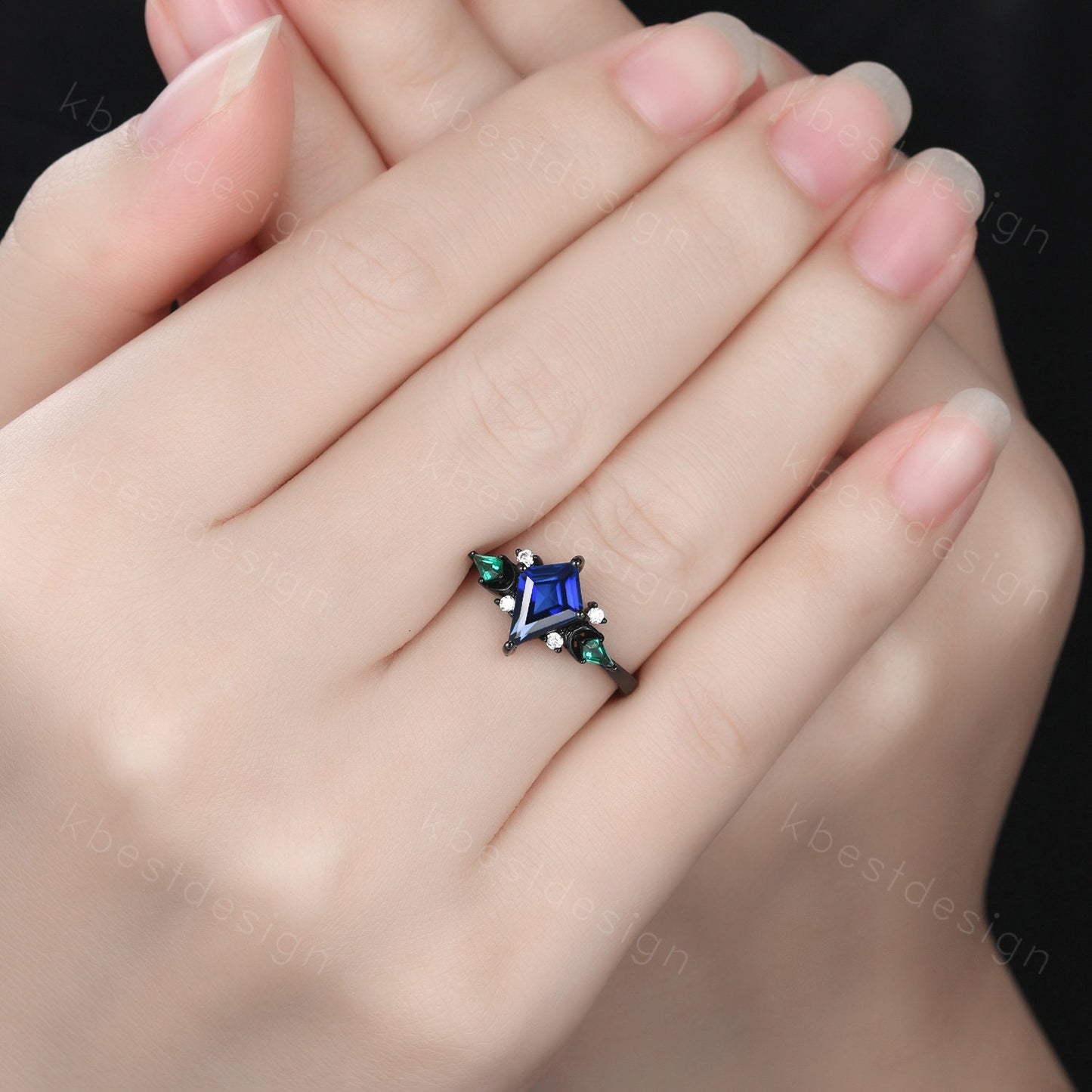 Vintage blue sapphire engagement ring Black gold ring Art deco moon design emerald wedding ring unique cluster bridal promise ring